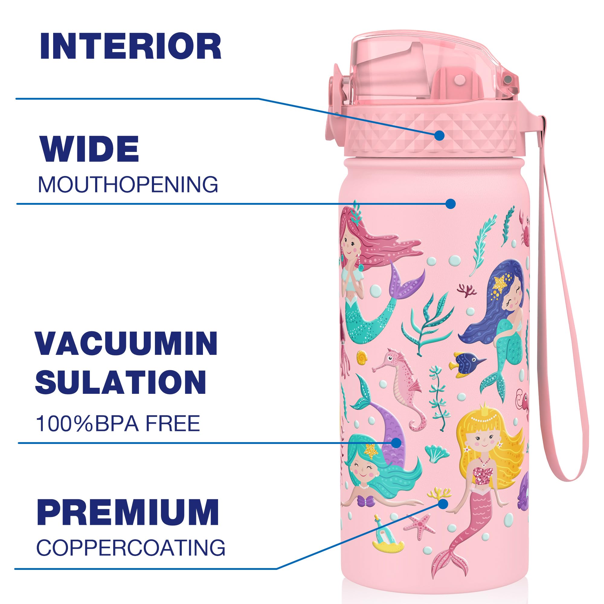 GOPPUS 550ml/18oz Kids Insulated Water Bottle with Straw Cute Double Wall Stainless Steel Child's Small Flask Vacuum Insulated Steel Metal Leak Proof Drink Flask Boys Toddler Girls Flask BPA-Free - Image 4