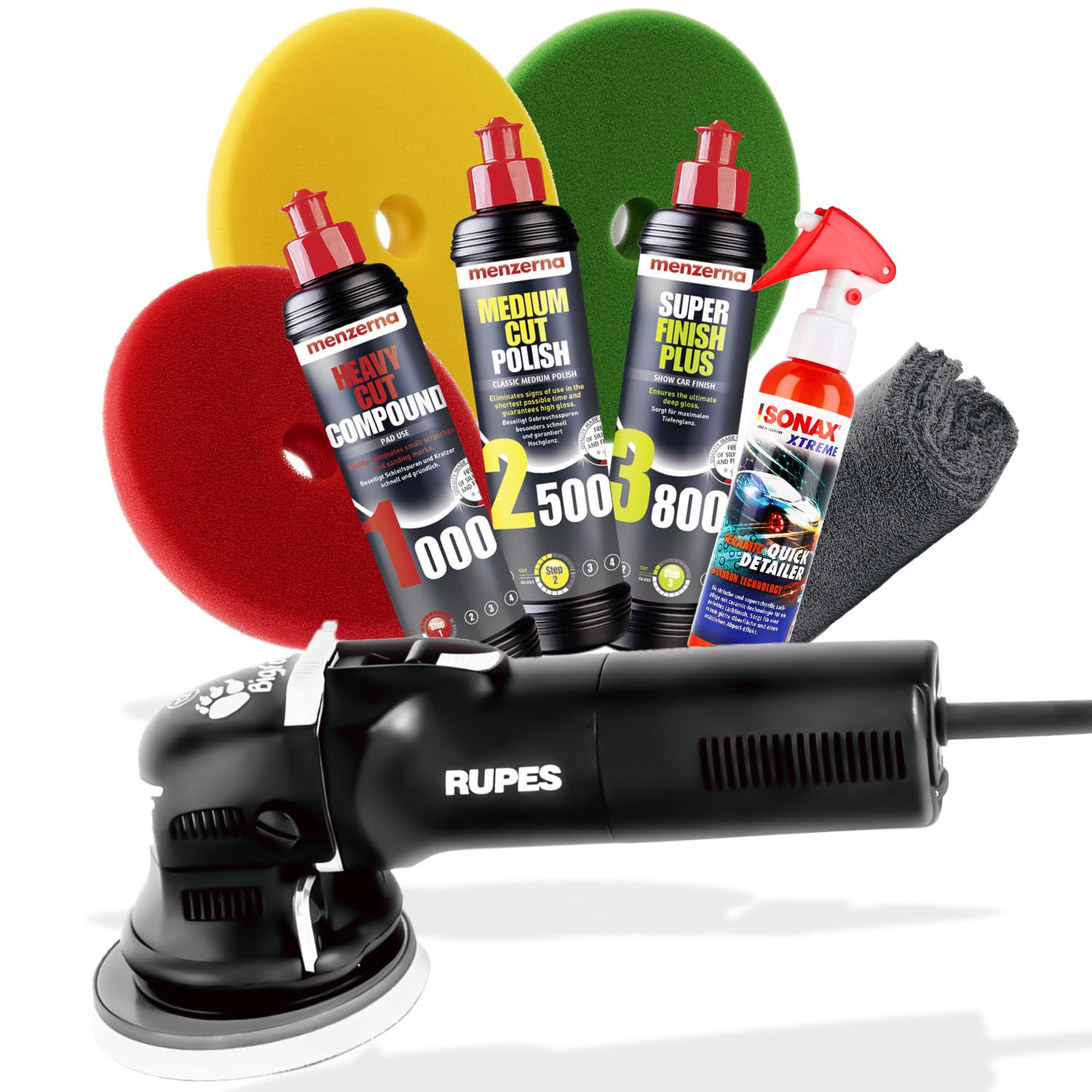 detailmate Juego de pulidoras Rupes LHR12E Bigfoot Duetto + abrillantadores Menzerna + almohadillas de pulido de garaje Freaks + sellador Sonax Profiline + paño de pulido 550 GSM