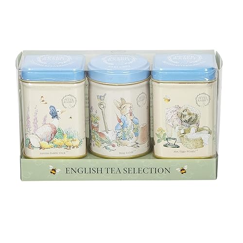 Peter Rabbit - 3 mini latas de té con té inglés de hojas sueltas, regalo de Beatrix Potter, juego de cesta pequeño