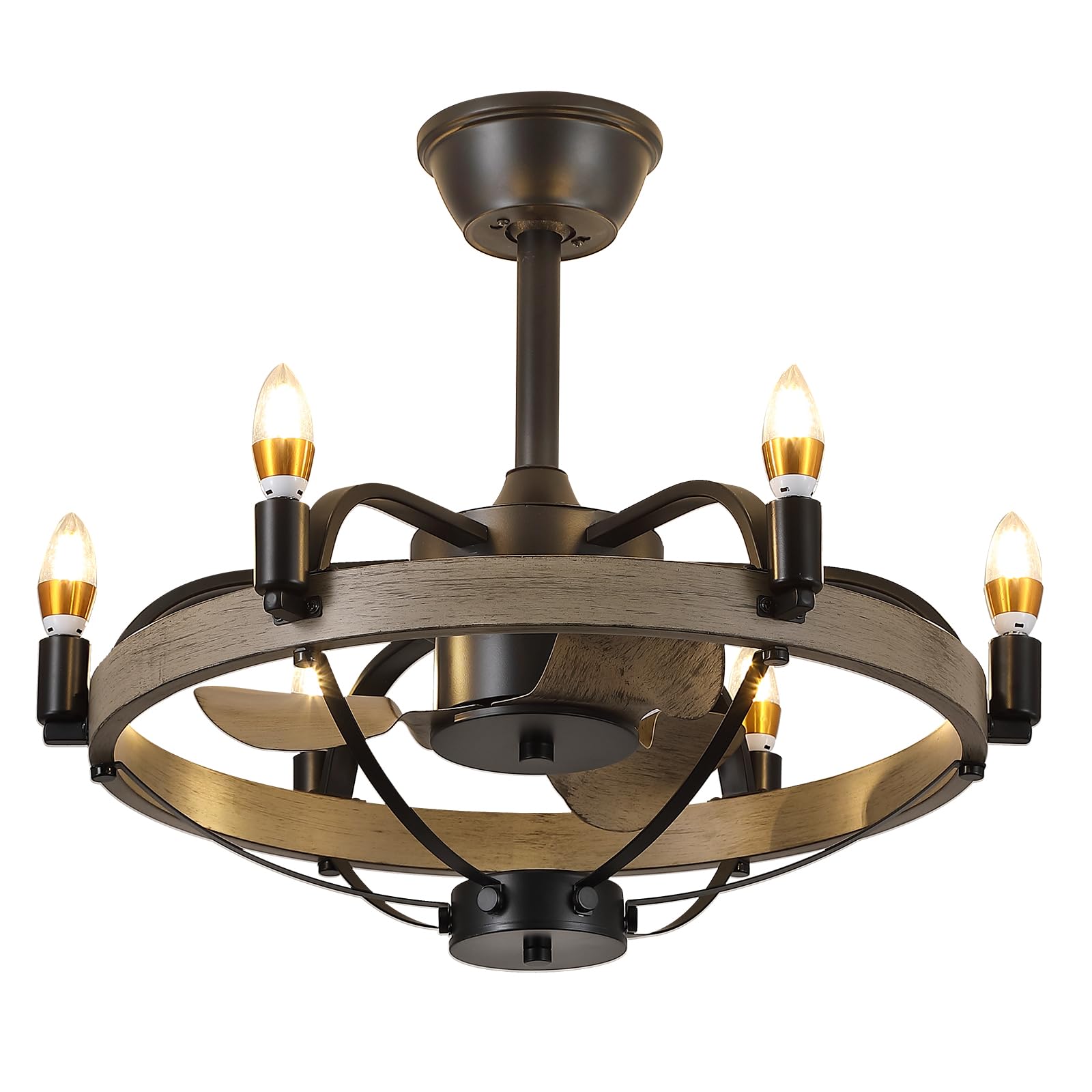 23" Black Candle Ceiling Fan with Lights Remote Control,Modern Rustic Farmhouse Ceiling Fan,Bladeless Caged Ceiling Fan with Light,Reversible