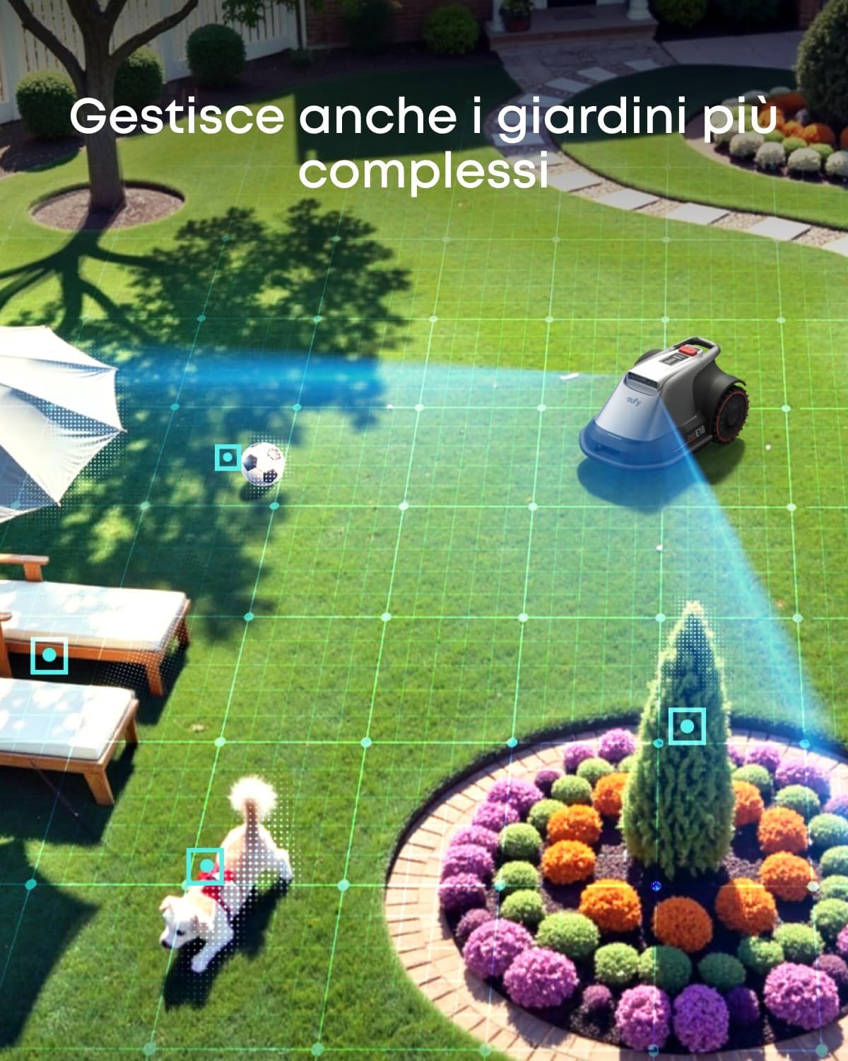 eufy Robot tosaerba E18, Senza cavo limitatore, Nessuna interruzione del segnale,Senza RTK, TrueVision, Sistema GNSS, Giardino fino a 1200 m², Taglio Preciso Bordi, Evita Ostacoli, Controllo App