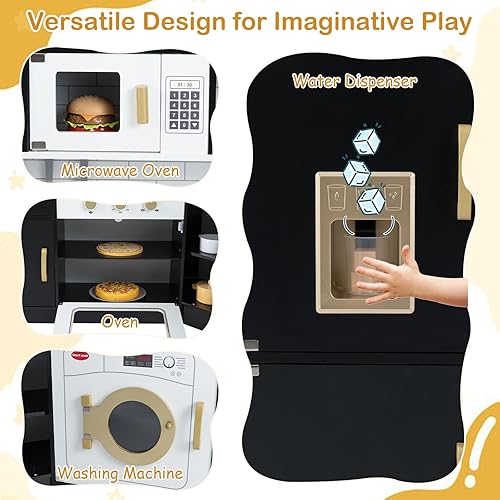 Miniatura 3 de HONEY JOY Juego de cocina esquinera para niños, cocina de madera definitiva para niños pequeños, lavadora, máquina de hielo, fregadero, microondas,