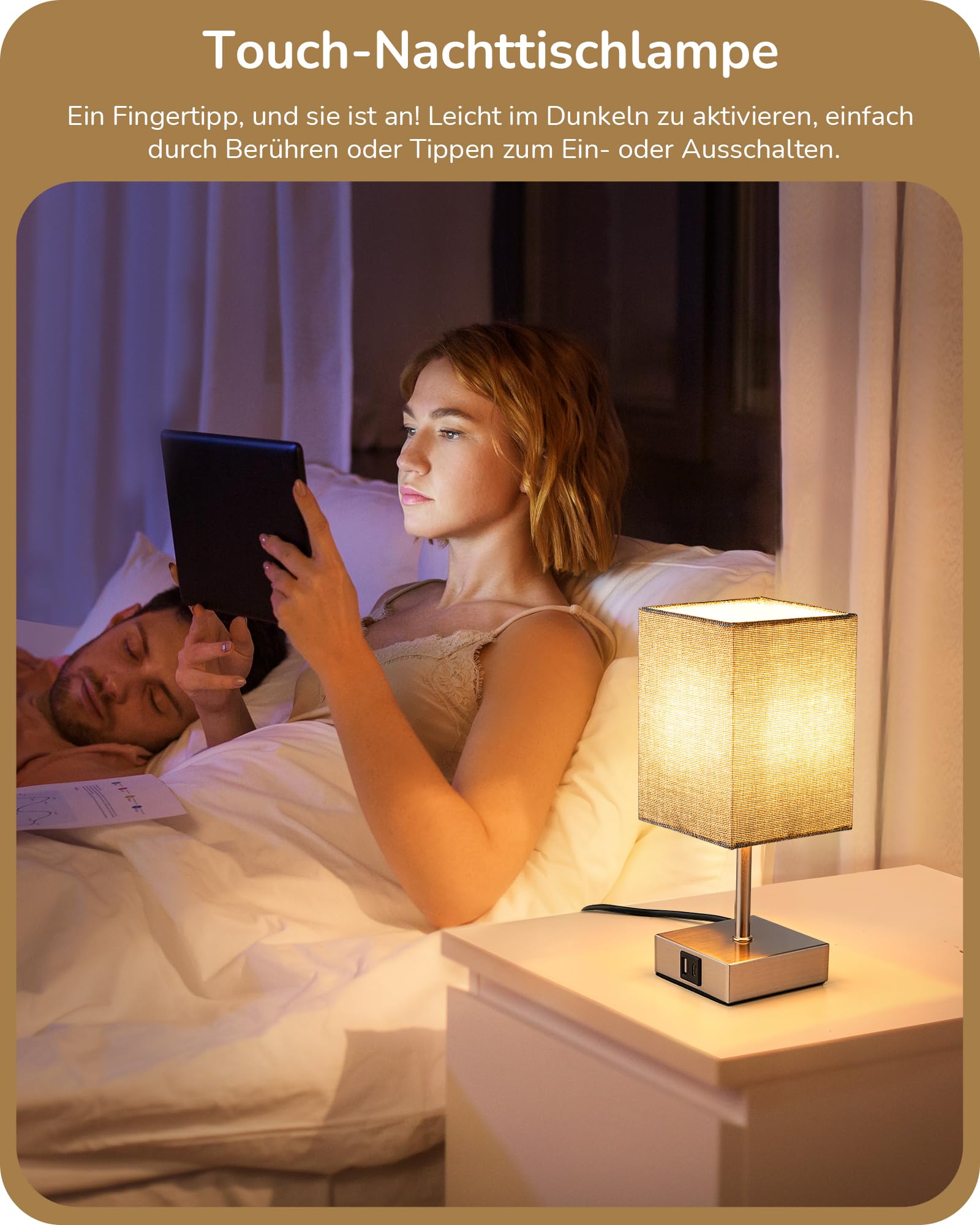 EDISHINE 2er Set Nachttischlampe, Touch-Dimmer, 2 USB Anschlüsse, Grau | inkl. 2700K LED Leuchtmittel, mit Ladefunktion, 5 V / 2,1 A, für Schlafzimmer, Wohnzimmer, Fensterbank, 28 cm