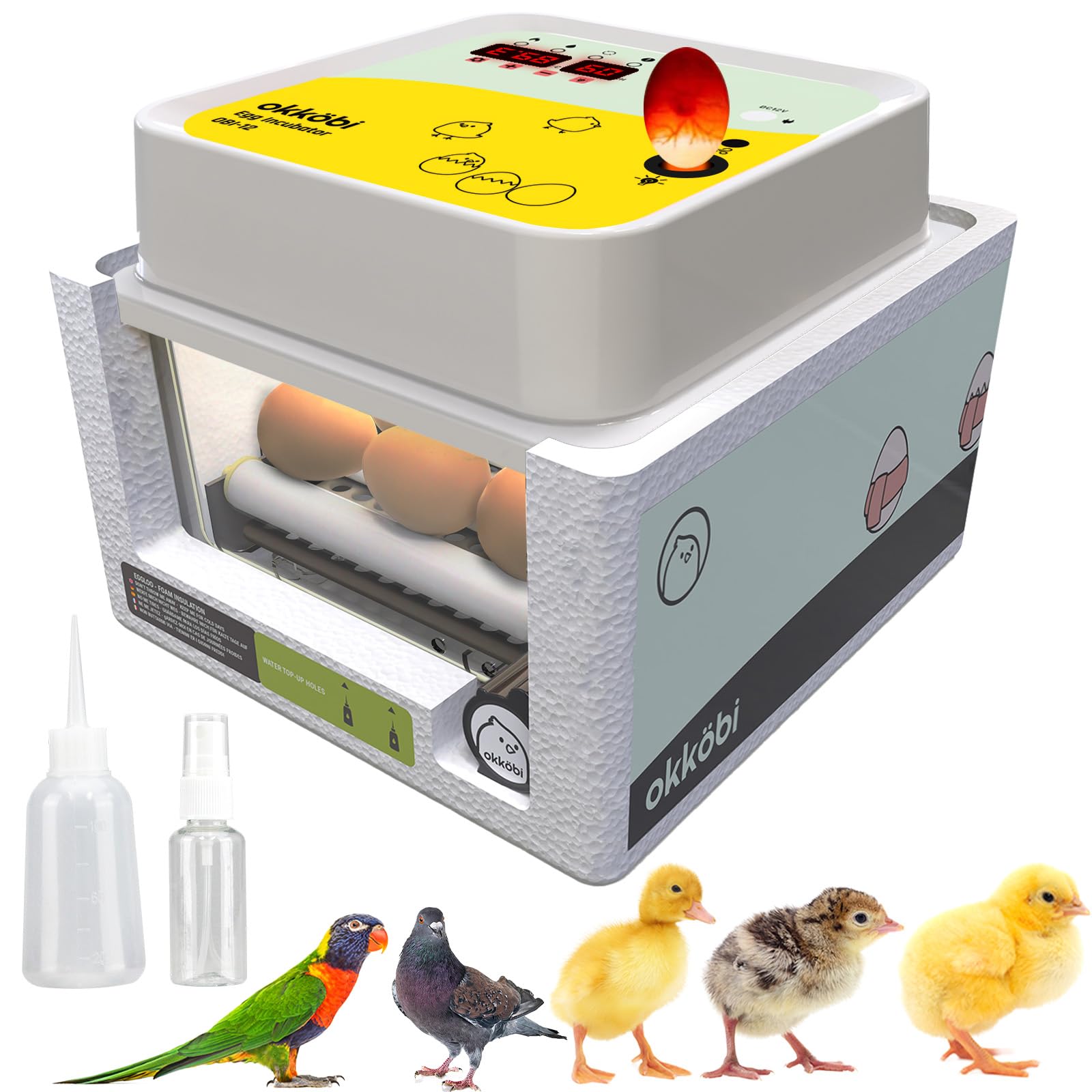 Incubators for Hatching Eggs - 12 Eggs - Ideal All Ages | Egg Incubator with Automatic Egg Turning and Humidity Control - Integrated Egg Candler - Okkobi OBI-12