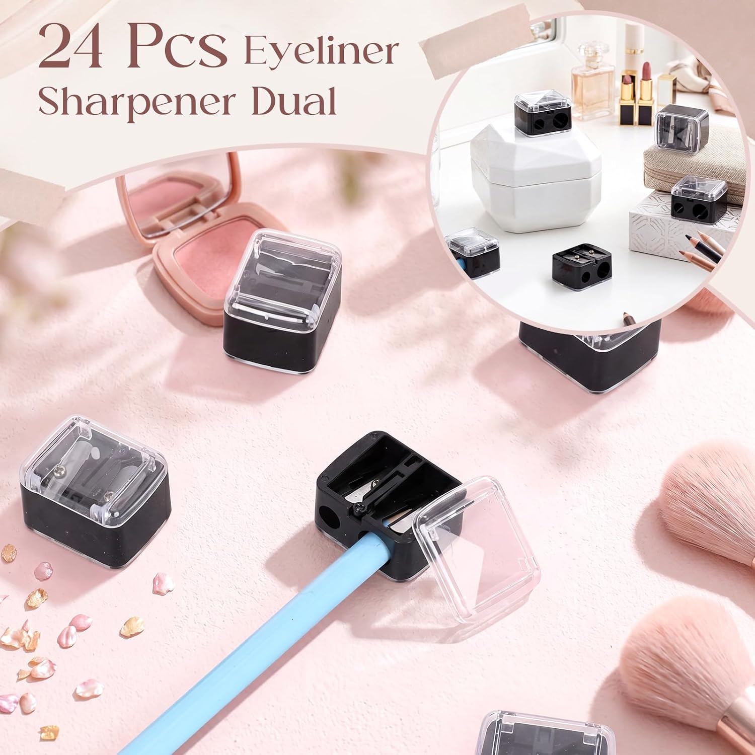 24 Pcs Eyeliner Sharpener Dual Makeup Pencil, Lip Liner Sharpeners Makeup Pencil, Eye Sharpener Cosmetic Tools Device for Eyeliner Lip Liner Brow Black