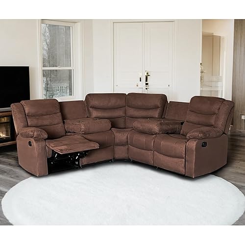 Recliner Sectional Sofa, Microfiber Manual Reclining Sectional Couch with Cup