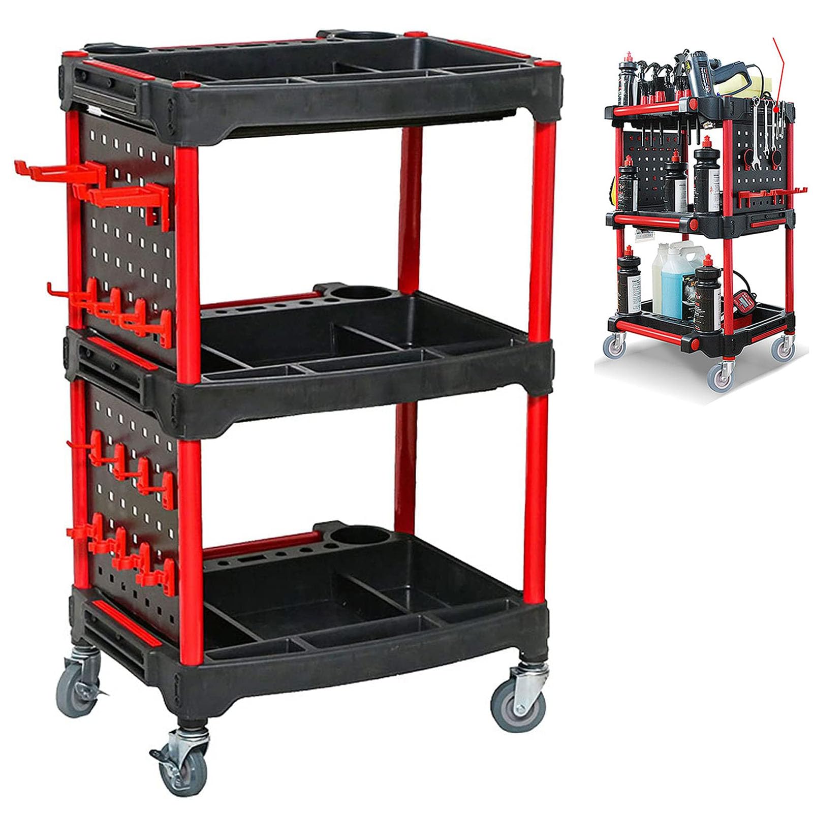 – 3-Tier Rolling Tool Cart on Wheels, Heavy Duty Utility Service Cart with Ergonomic Handle, Portable Tool Trolley Storage Organizer with Hooks, for Home, Garage, Car Wash/Wax, Warehouse, Black