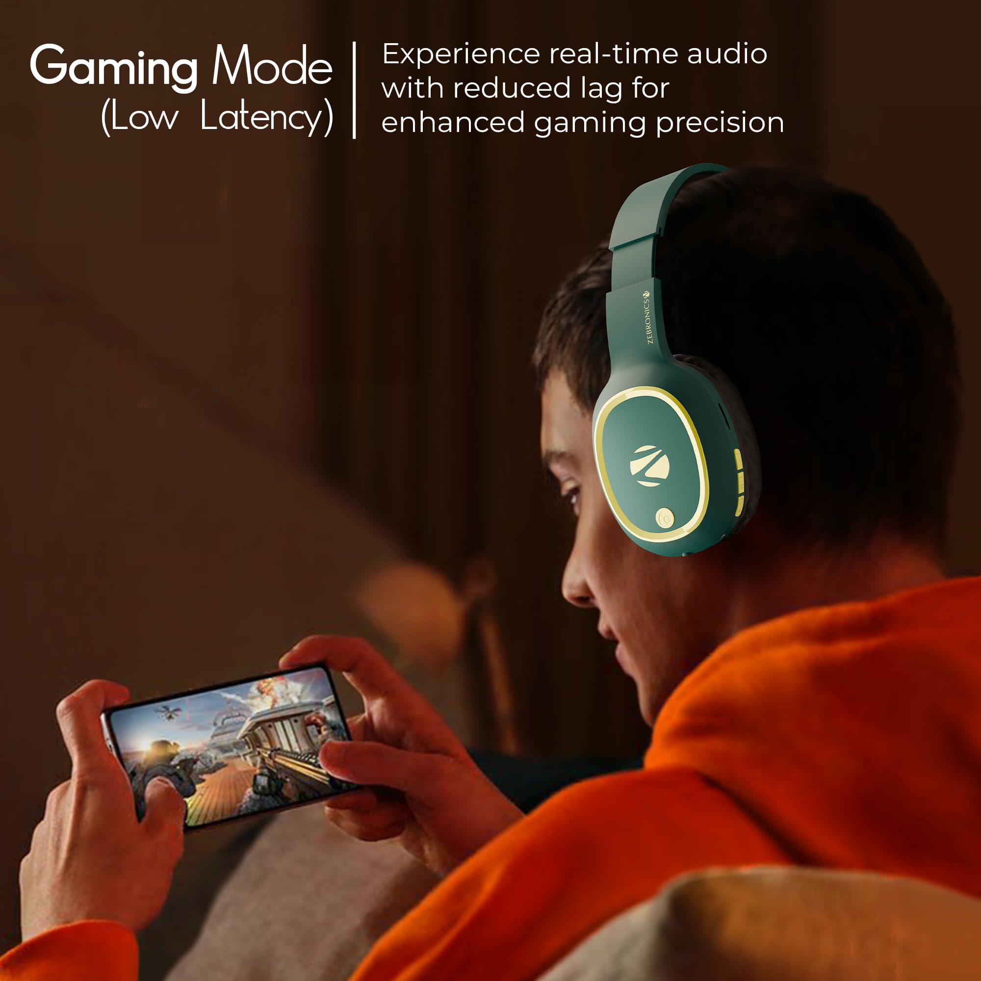 Zebronics Thunder (2026 Upgrade) Wireless Headphones, BT v6.0, True 60 hrs Playback, 40mm Drivers, ENC, Gaming Mode, Dual Pairing, AUX & microSD, Rapid Charging, Call Function (Teal Green) — Amazon image 5