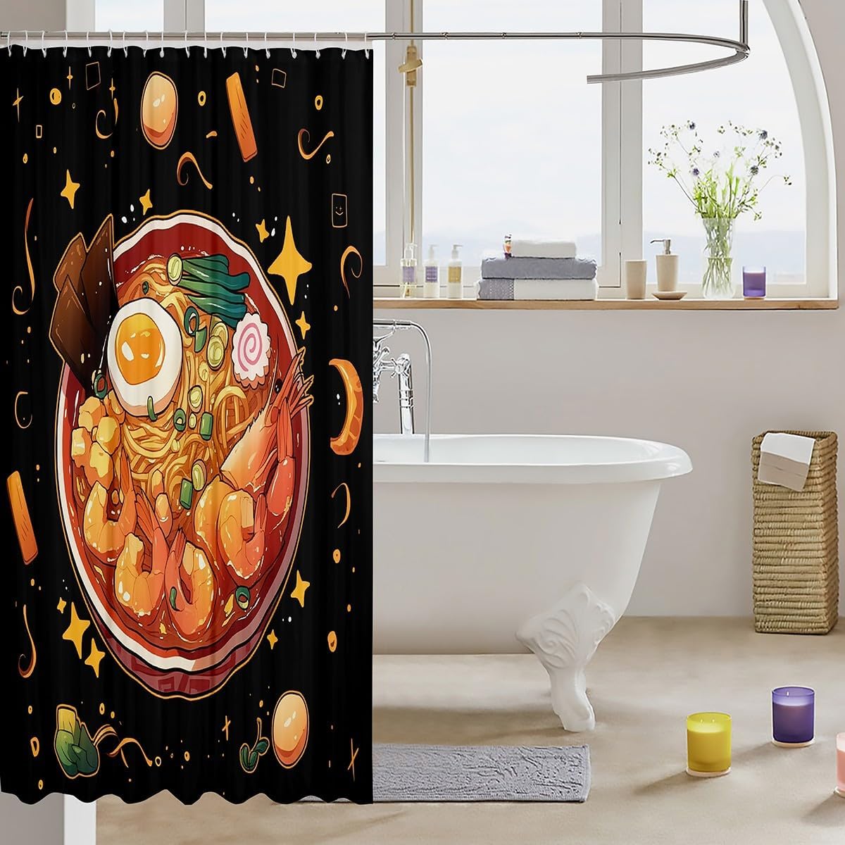 Erosebridal Japanese Ramen Bathroom Decor,Ramen Noodles Shower Curtain Set Funny Gifts for Kids Women Men,Anime Style Bathroom Set Food Print Fabric Shower Curtain 72" Wx84 L Home Decor