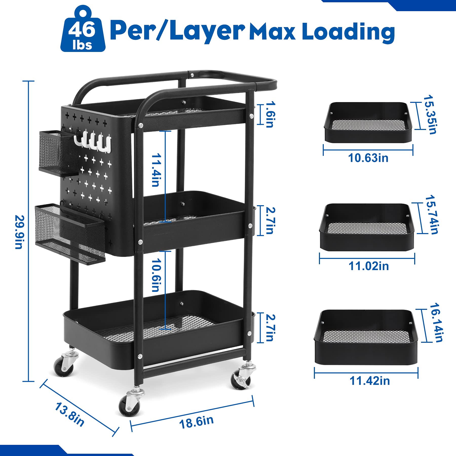 Buy 3 Tier Rolling Utility Cart, Storage Shelves with Lockable Wheels