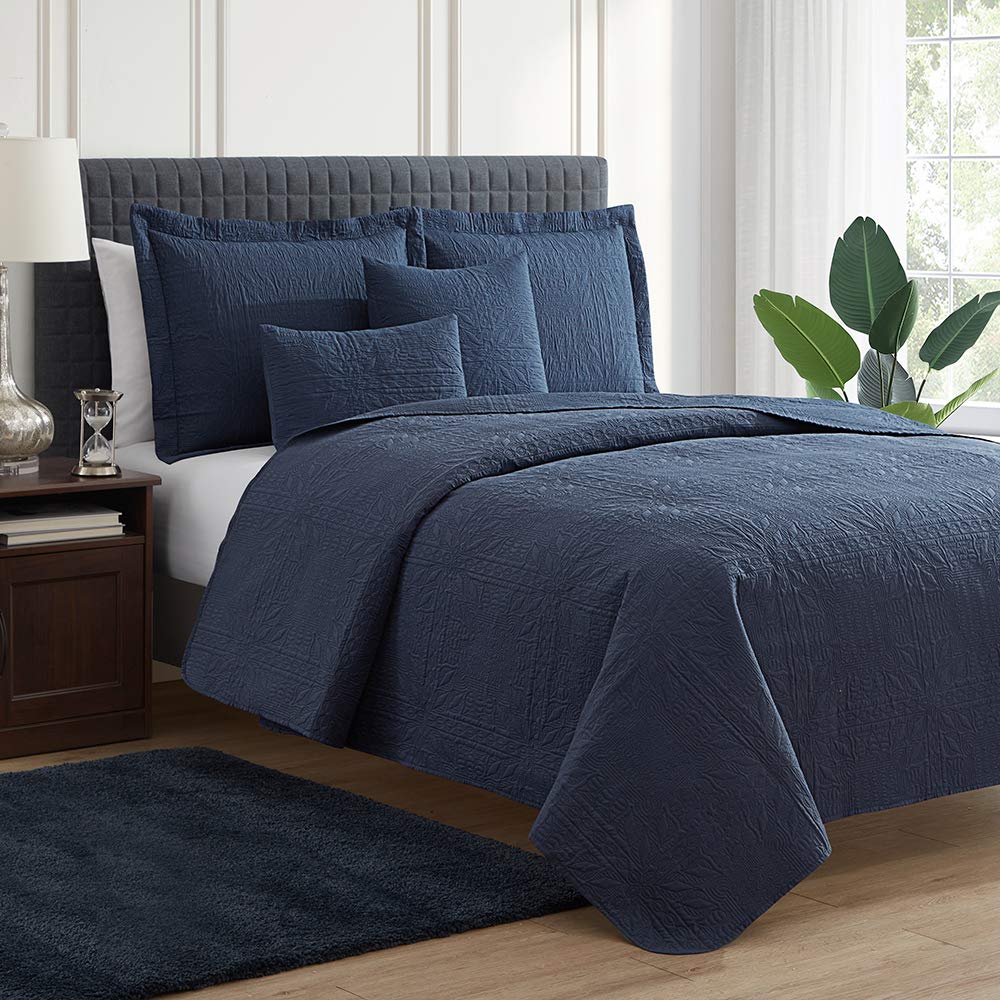 Clara Clark Quilts Queen Size - All Season Bedspread Coverlet Set, Pinsonic Weave Lightweight Queen Quilt Bedding Set - 5 Piece Queen Quilt Set with Pillow Shams, Grid - Navy