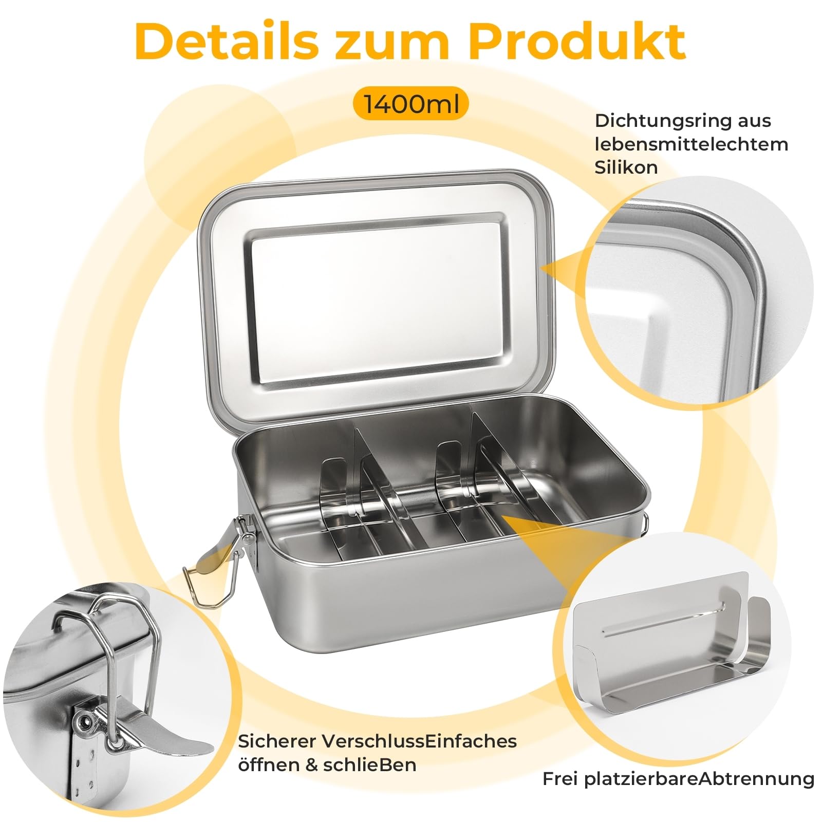 Contenitore per il pranzo in acciaio inox, 1400 ml, impermeabile, con scomparti e guarnizioni per scuola, lavoro, picnic, sostenibile ed ecologico, senza BPA, per studenti, adulti
