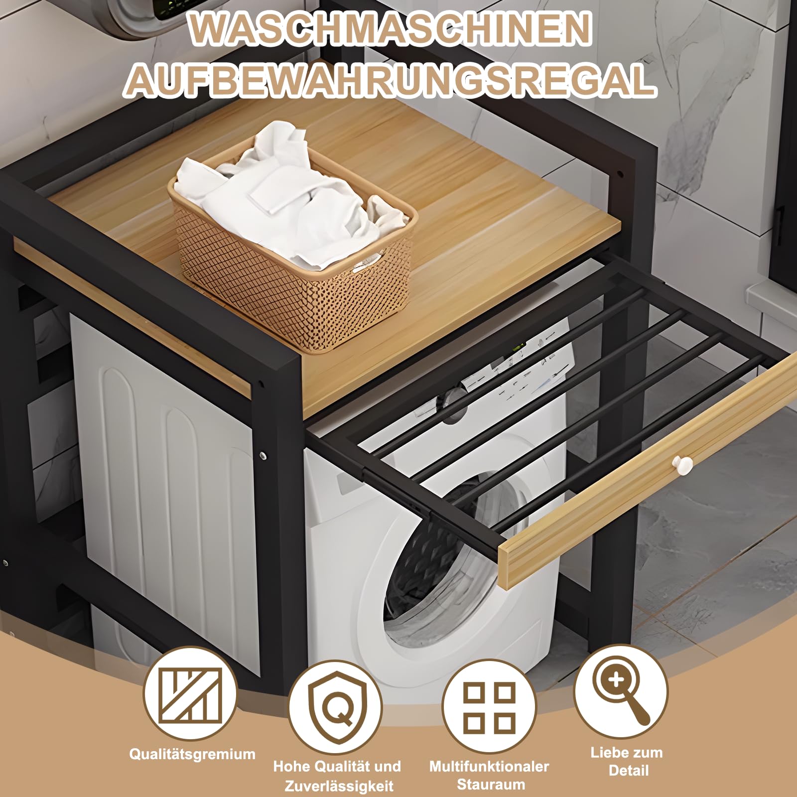 Lagerregal üBer Der Trommel Mit Stapelbaren Waschmaschine Und Trockner Racks-Portable WäScherei Racks bis Zu 300kg für üBer-Maschine Lagerung-mit Trocknungsstab (Schwarz)