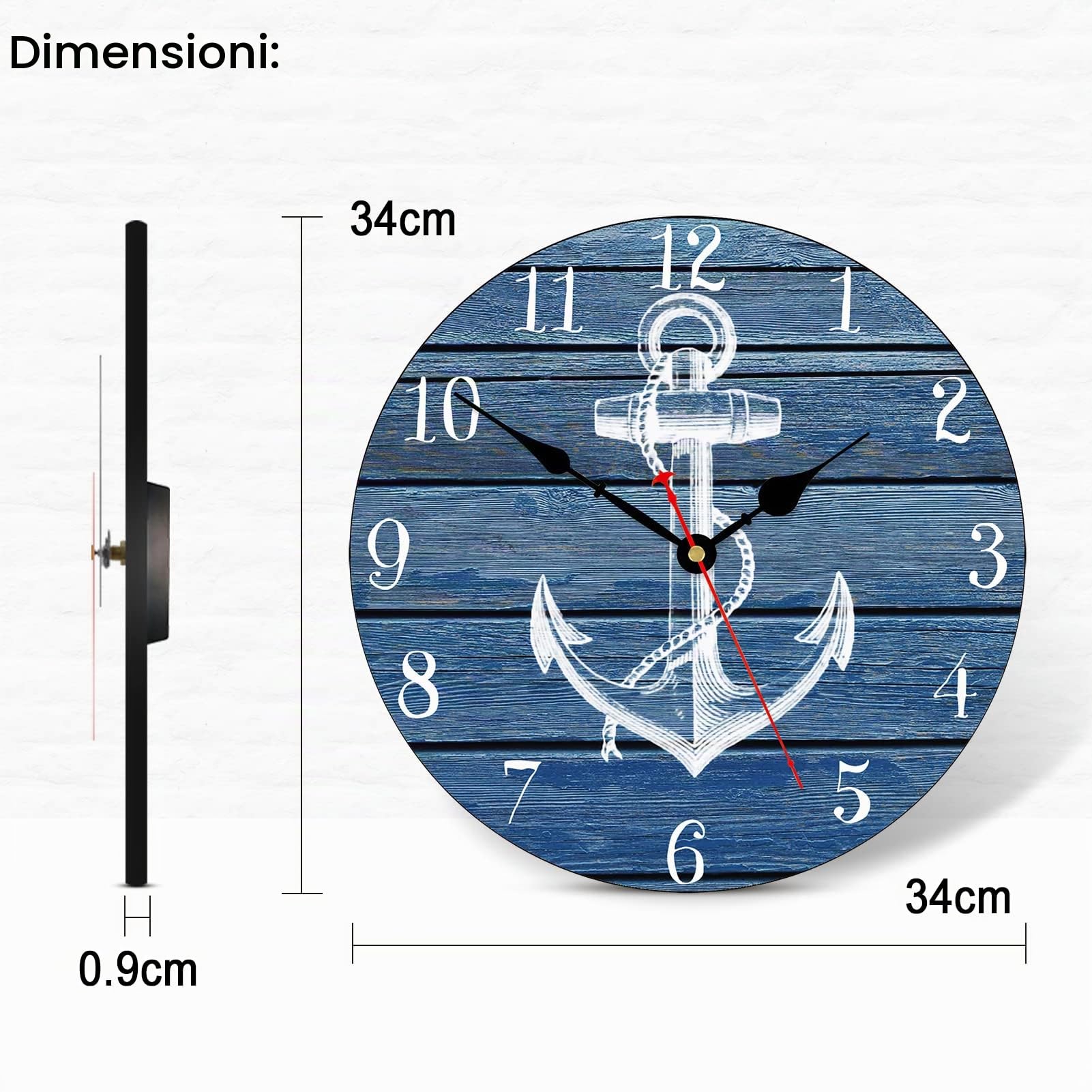 TAHEAT 34 cm Bianca Ancora Orologio da parete, Non ticchettio Orologi, Nautico Retrò In legno Numeri arabi Orologi, Facile da leggere Orologi da Parete per Cucina/Soggiorno/Camera da letto