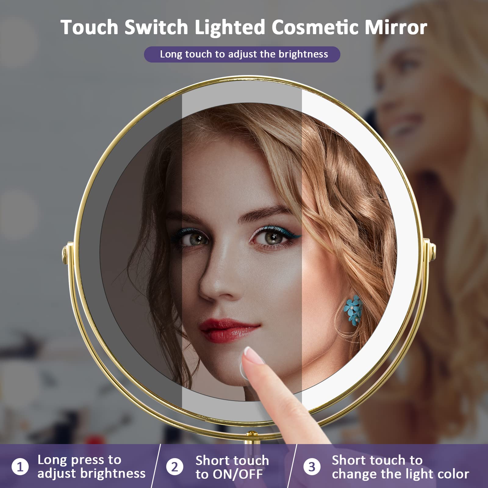 Espejo de maquillaje dorado con luces, espejo de tocador iluminado con aumento de 10X, espejo giratorio de 20 cm de 360 grados, acabado dorado