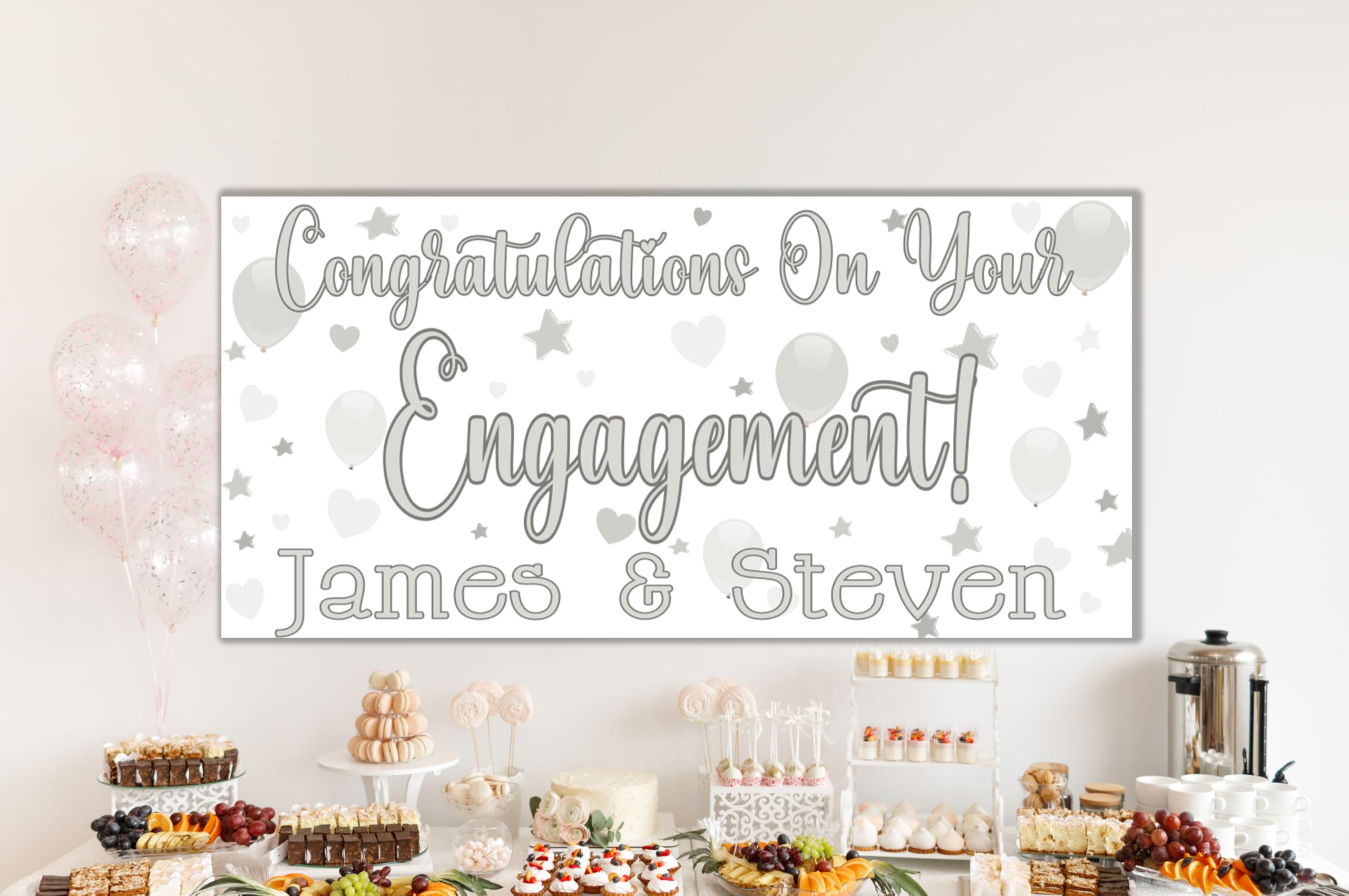 Large Personalised Engagement Banner Customised Rose Gold Party Decorations We're Engaged Congratulations Engagament Banners (Silver, 4x2ft Banner No Photo)