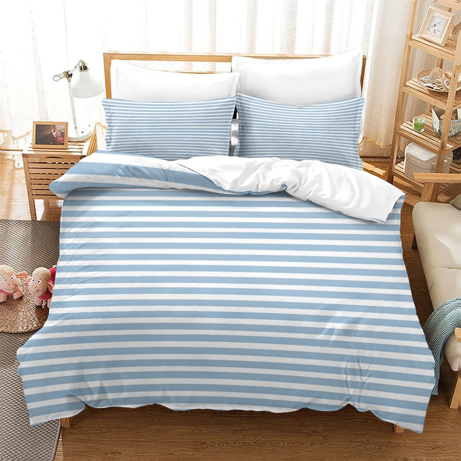 P1S9U7W5Y Modern Stripe 3D Printed Duvet Cover Set 3pcs Microfiber Blue Striped Bedding Set Super king（260x220cm）