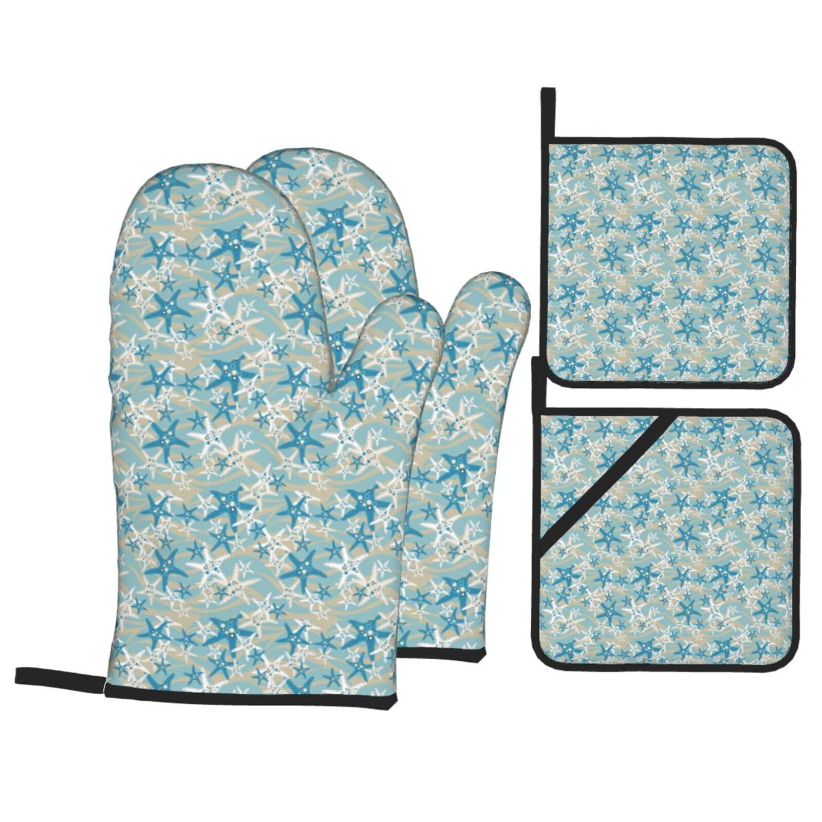 Beautiful Starfish Print Stylish Heat-Resistant Oven 4-Piece Set Kitchen Gloves Roasting Daily Cooking