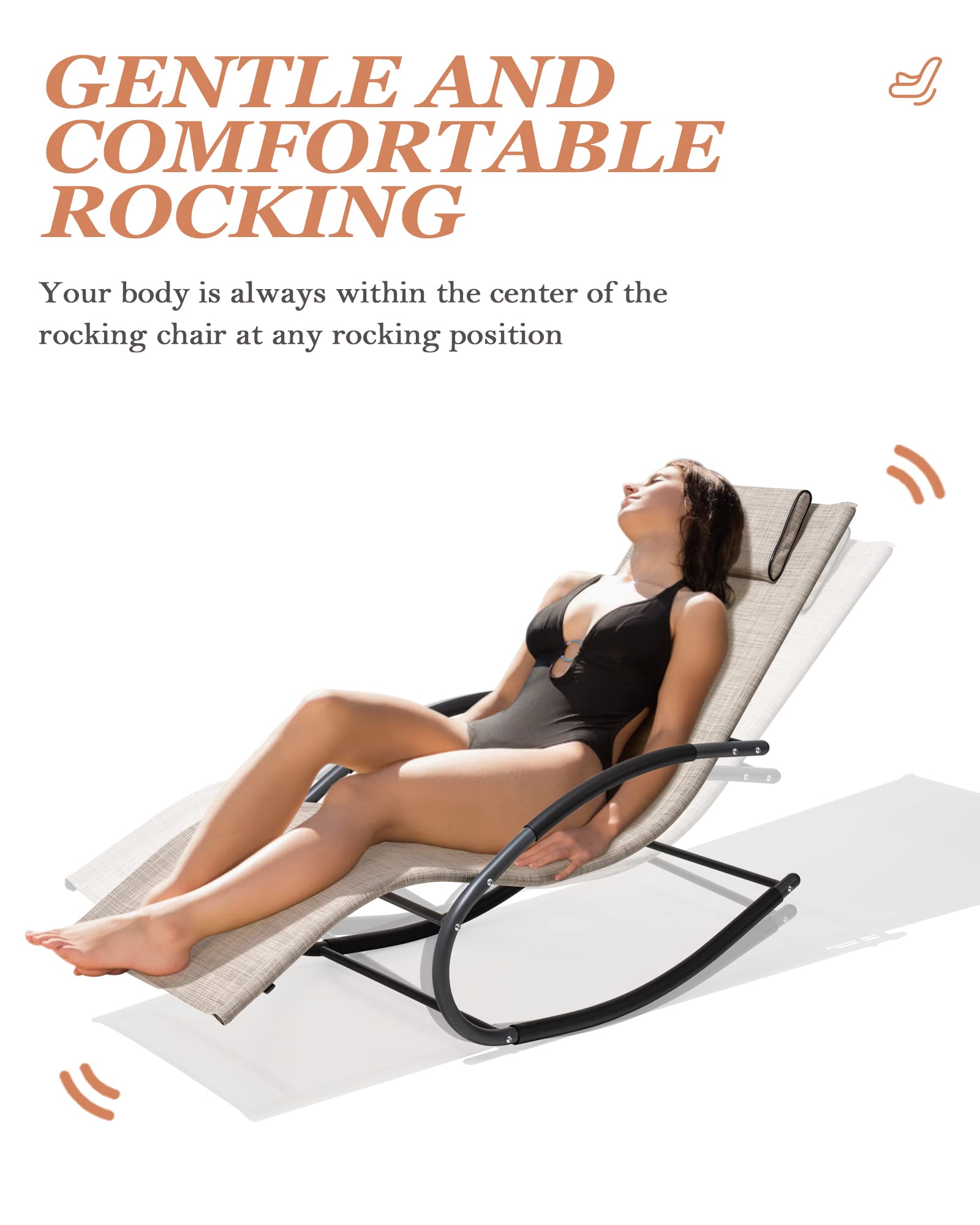 Mecedora de patio curvada con almohada para playa, patio, piscina al aire libre, interior, marco de acero gris (2 unidades, beige) 6