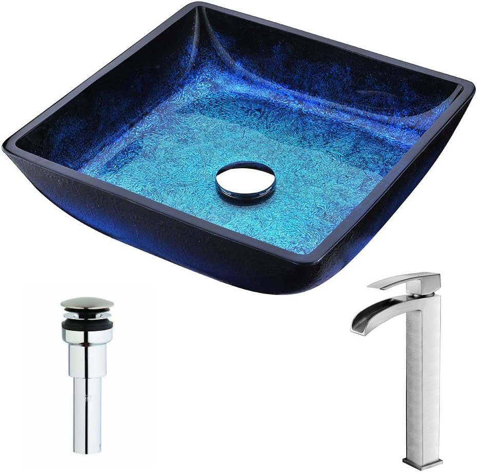 ANZZI Viace Series Tempered Deco-Glass Square Vessel Sink in Blazing Blue with Key Faucet | Drain Included | Scratch and Stain Resistant |Brushed Nickel
