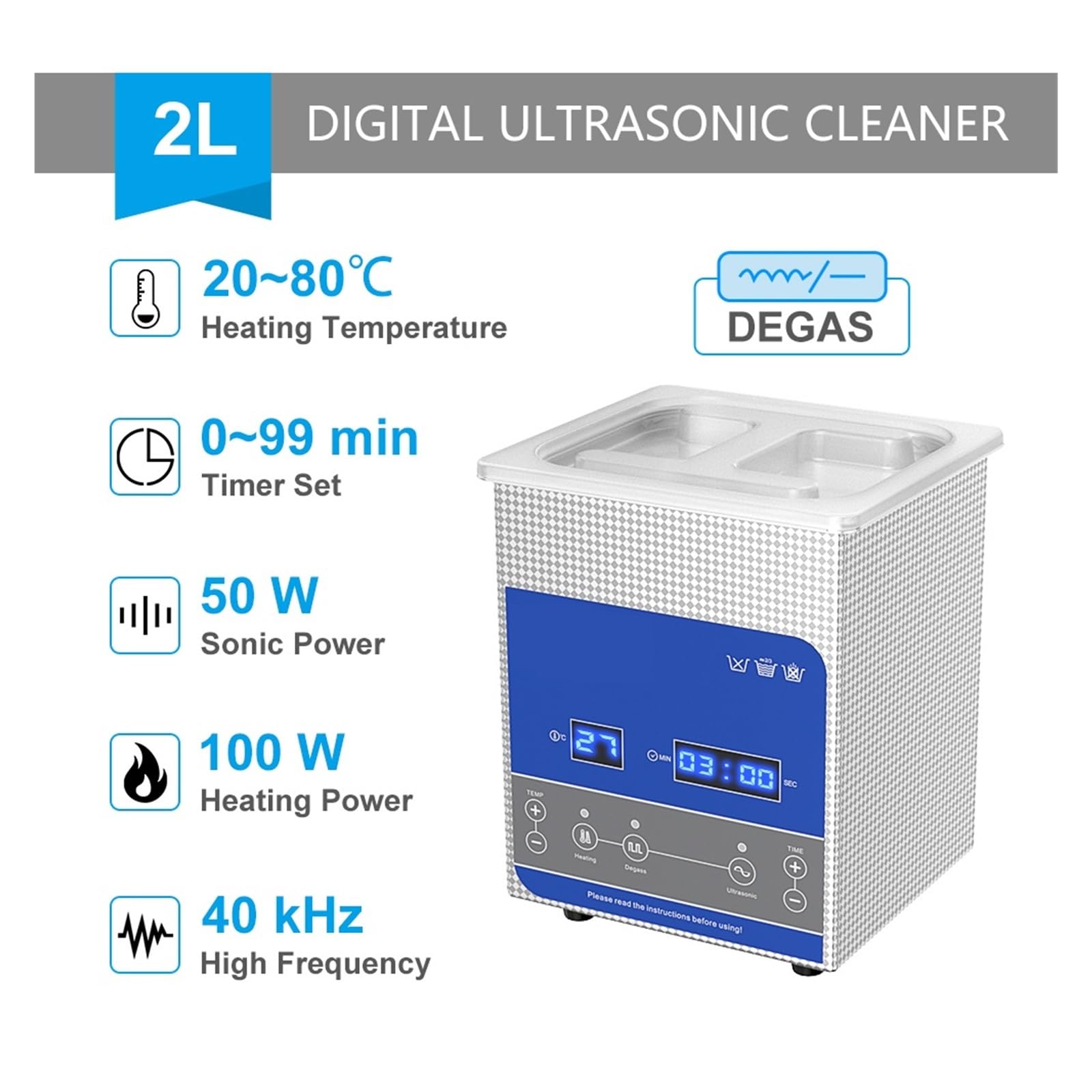 Ultraschallreinigungsgerät, 2L 50W Ultraschallbad Digital DegasTimer Heizung For Goldschmuck Brillen Jade Halskette Oxidöl Rostschutzöl Waschmaschine