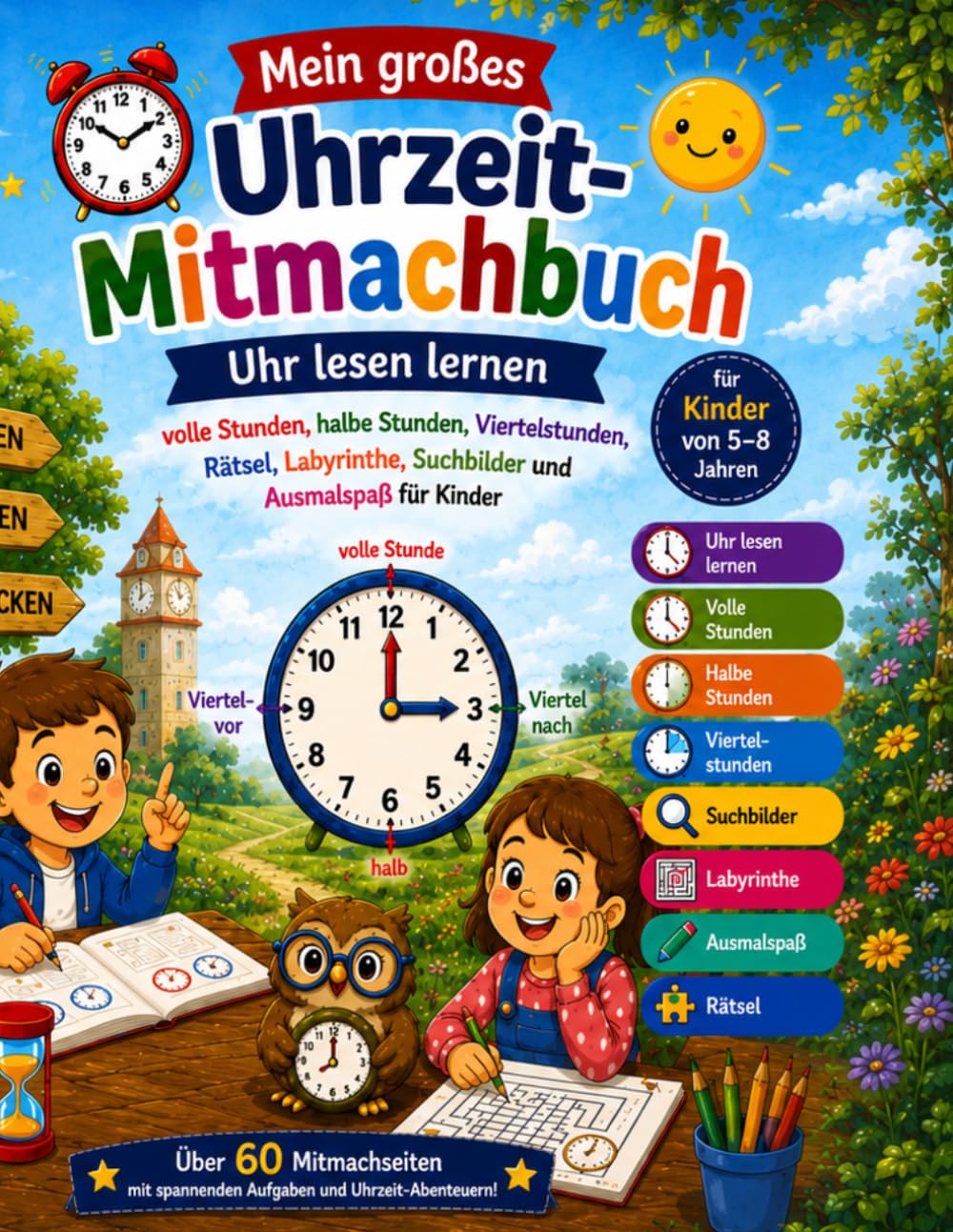 Mein großes Uhrzeit-Mitmachbuch: Uhr lesen lernen – volle Stunden, halbe Stunden, Viertelstunden, Rätsel, Labyrinthe, Suchbilder und Ausmalspaß für Kinder