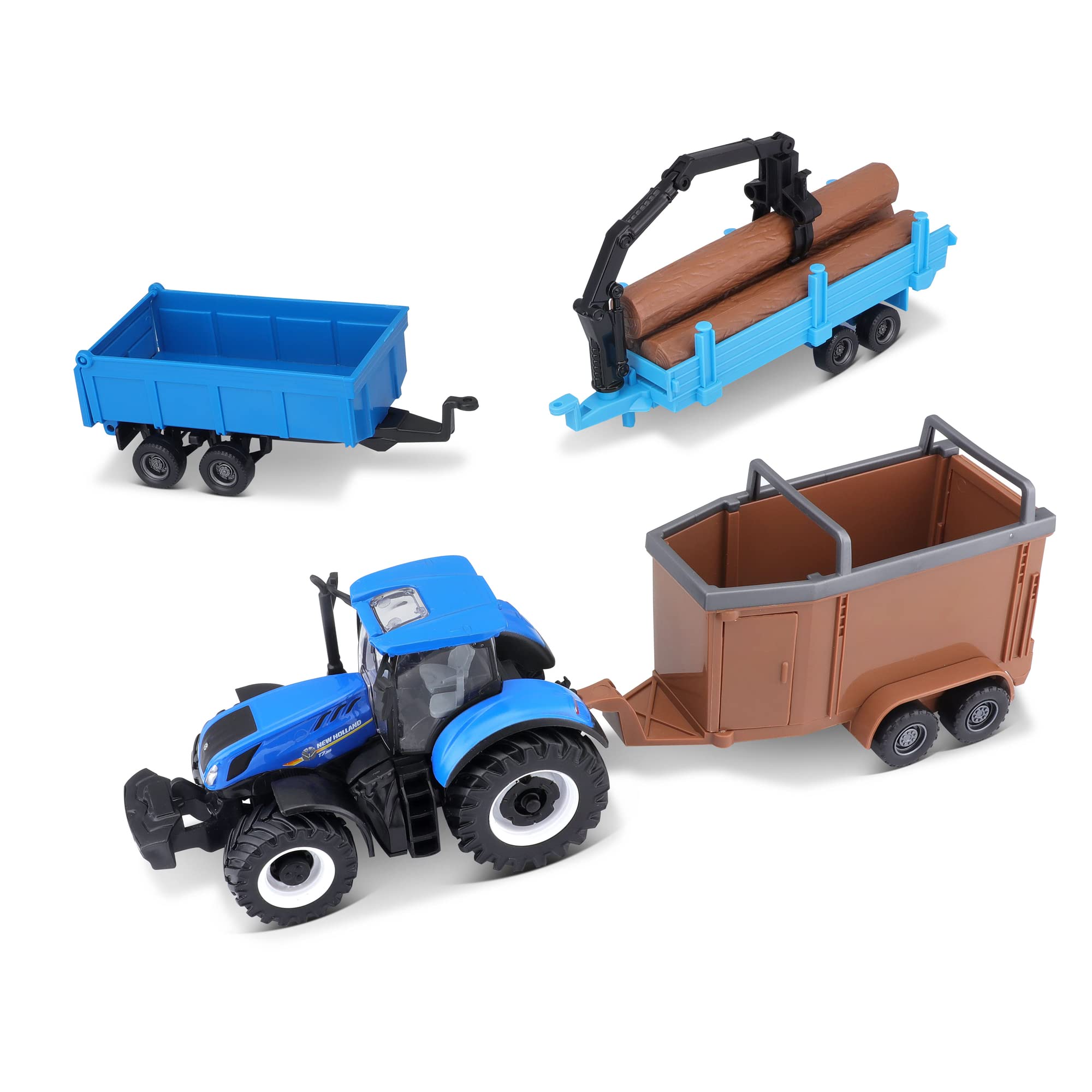Bburago Die-Cast NEW HOLLAND FARM TRACTOR WITH 3 TRAILERS - Replica collectible Model Toy -