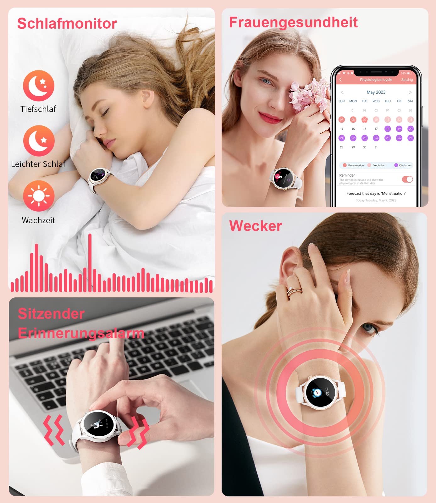 Smartwatch Damen IP68 Wasserdicht Telefonfunktion Schrittzähler Blutdruckmessung Pulsuhr Schlafmonitor 100+ Sportmodi Fitnessuhr Android iOS