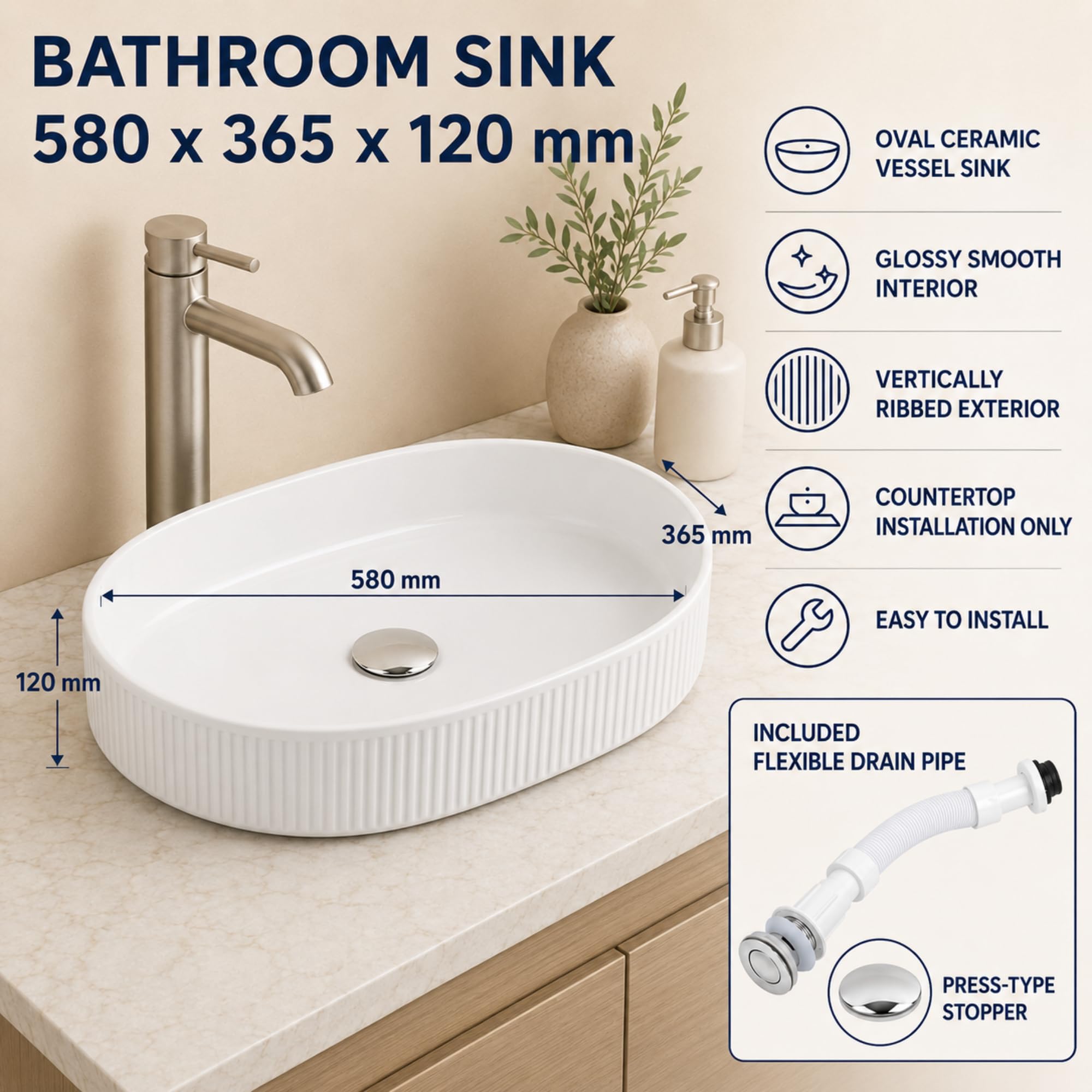 MAGIC SELECT Umywalka Ceramiczna, Biała Umywalka Nablatowa Odporna Na Plamy Do Łazienki, Łatwa W Czyszczeniu, Elastyczna Rura Z Wbudowanym Korkiem Pop-Up, Idealna Do Łazienki Lub Toalety, 580X36,5X12
