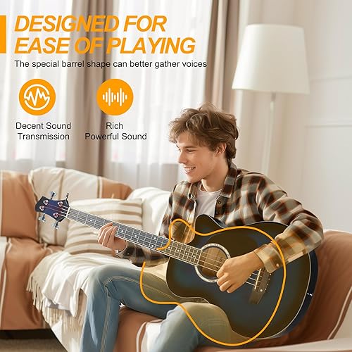 Miniatura 5 de Ktaxon Bajo acústico de 4 cuerdas, tamaño completo, kit de bajo con bolsa portátil, cable premium, llave, correa, púa (Azul)