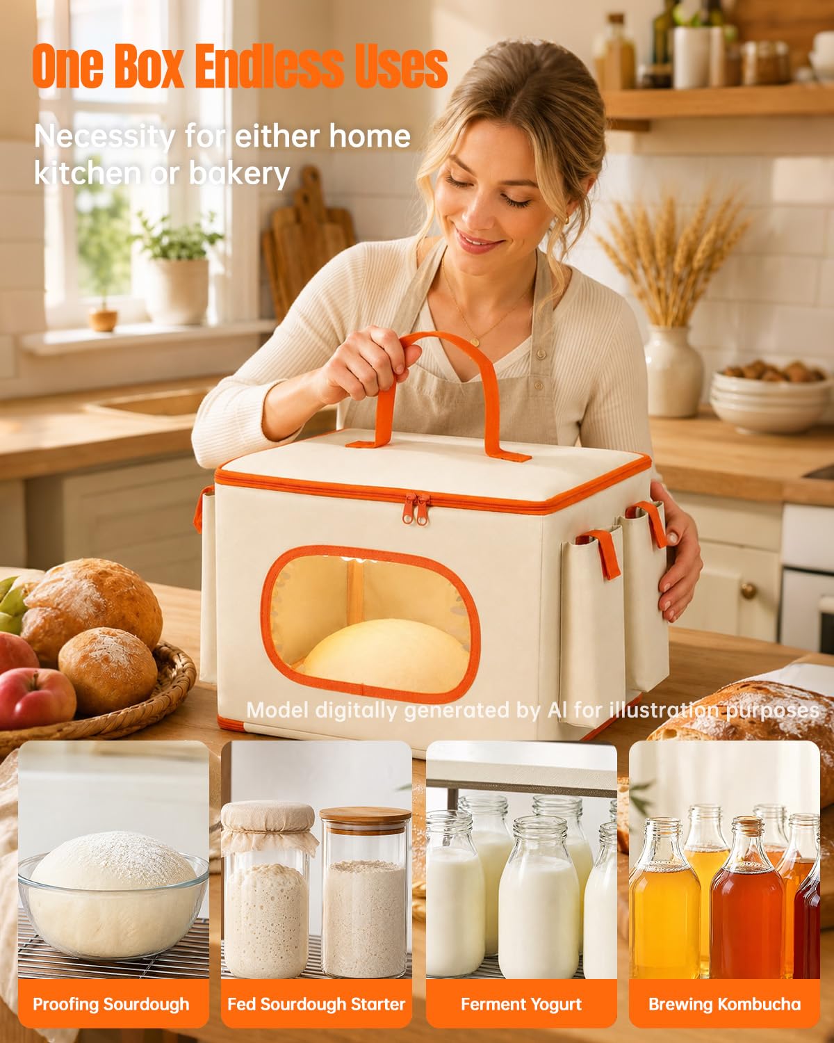 Scatola pieghevole per lievitazione del pane con finestra frontale, controllo della temperatura da 10 a 45 °C e timer 15 preimpostati da 0 a 48 ore, scatola per lievitazione di lievito naturale, con 3