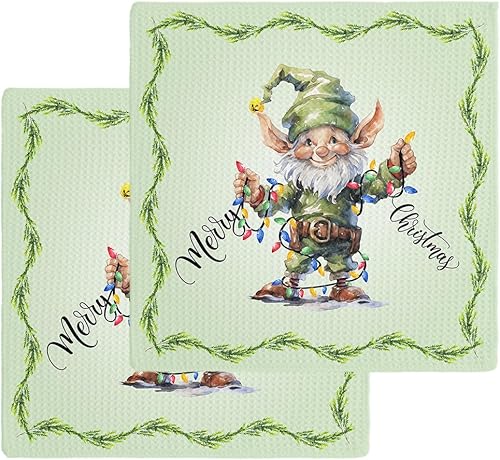 Artwork Store 2 Packs Kitchen Towel Cotton Waffle Weave, Green Xmas Elf Merry Christmas Absorbent Quick Drying Dish Cloths for Kitchen Living Room