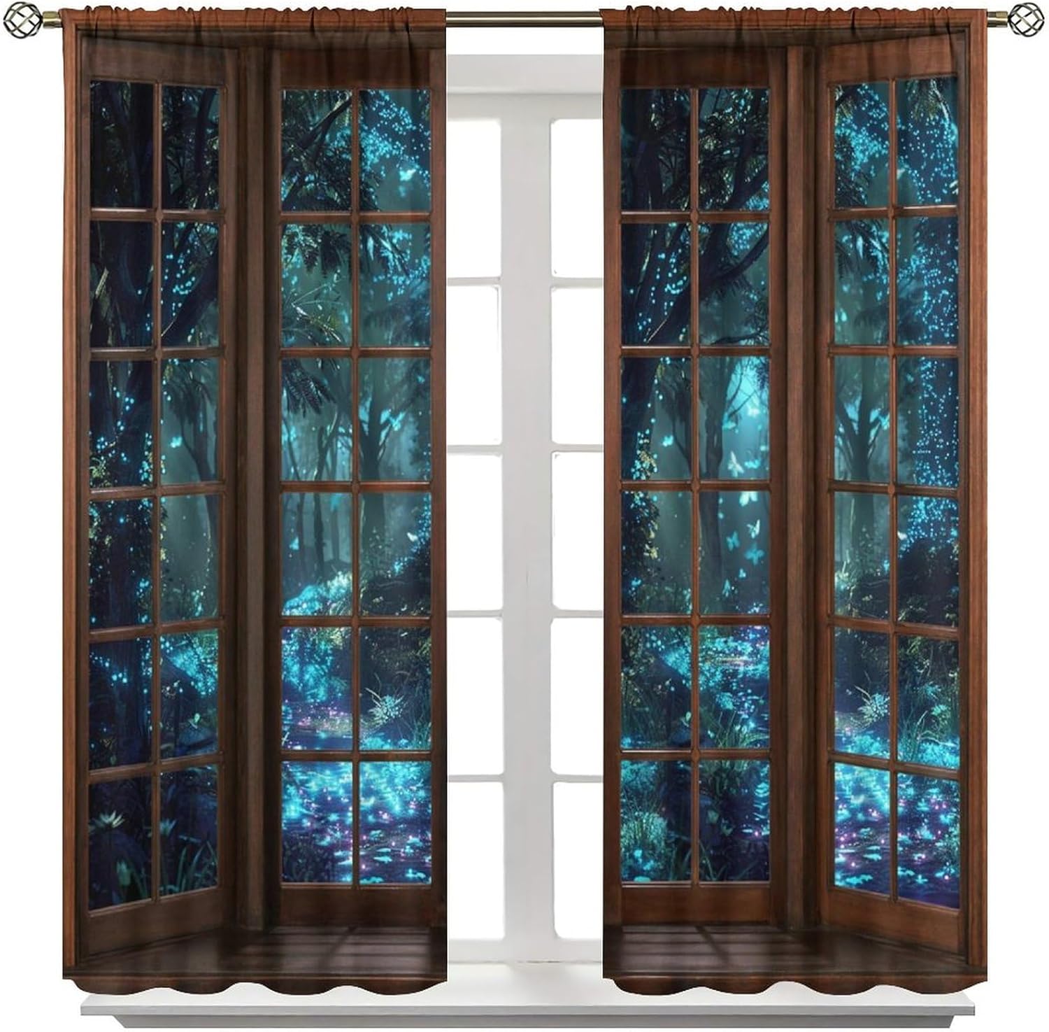 Magic Forest Curtains, 3D Window Green Blue Fantastic Window Treatments for Modern Bedroom Kitchen Living Room Home Decor Drapes, 42x45 Inch, 2 Panels