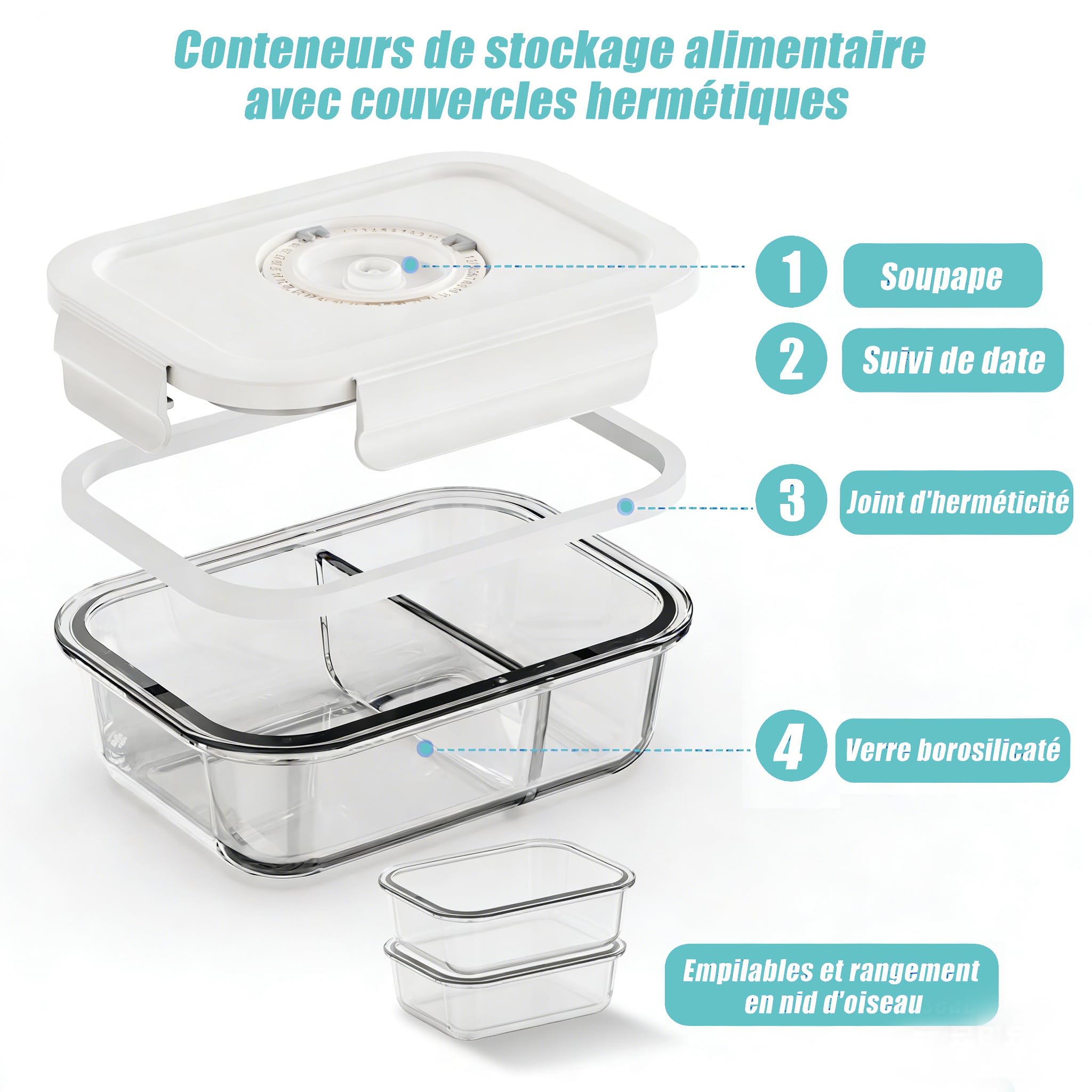 Set di 4 Contenitori Alimentari Ermetici in Vetro con Pompa a Vuoto - Indicatore di Data Integrato - Senza BPA, Anti-Odore - Per Forno, Microonde, Lavastoviglie e Congelatore (L)