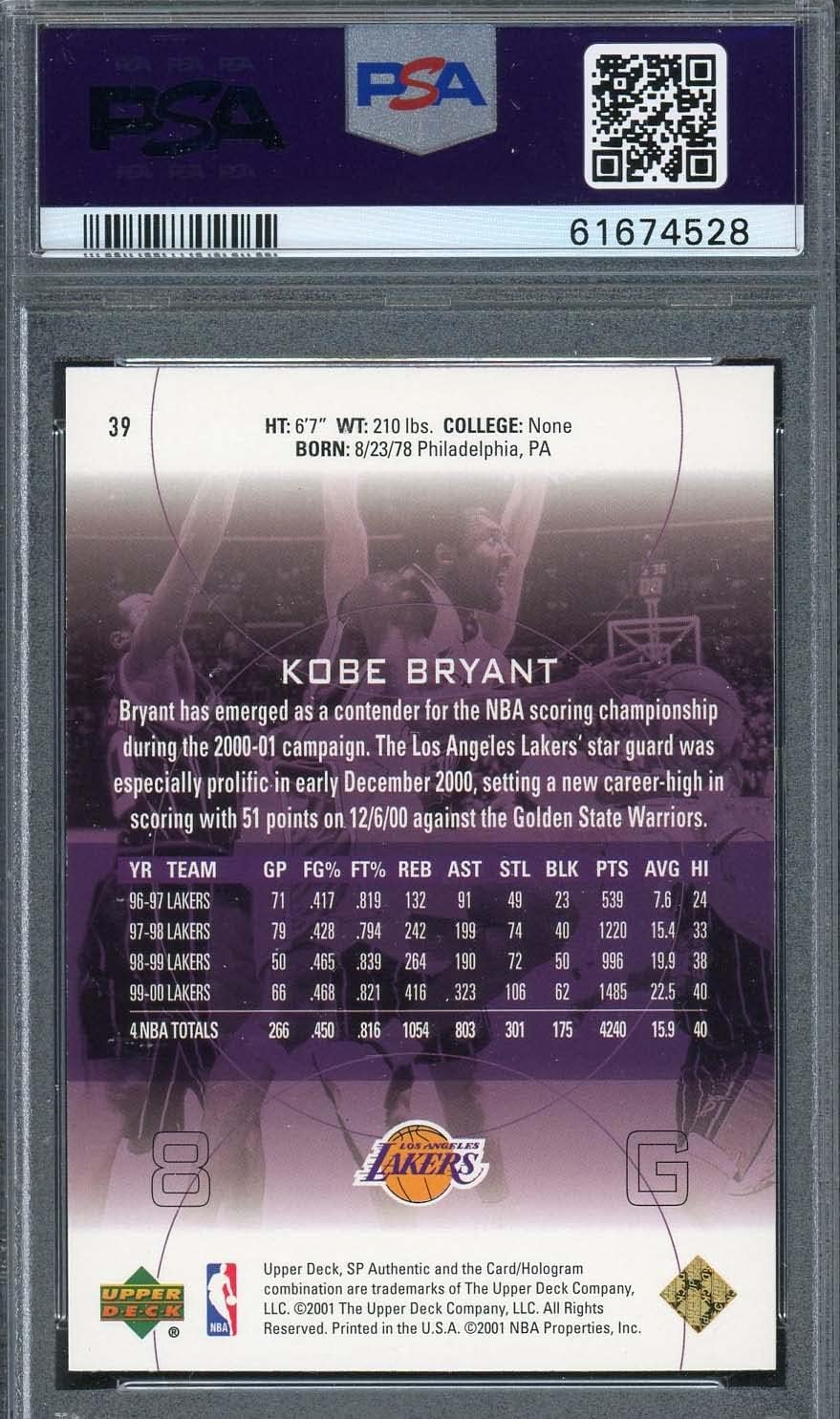 Kobe Bryant 2000 Upper Deck SP Authentic #39 Basketball Card, PSA 10 Gem Mint (Cert# 61674528). Authenticated NBA Collectible for Bedroom and Office Display