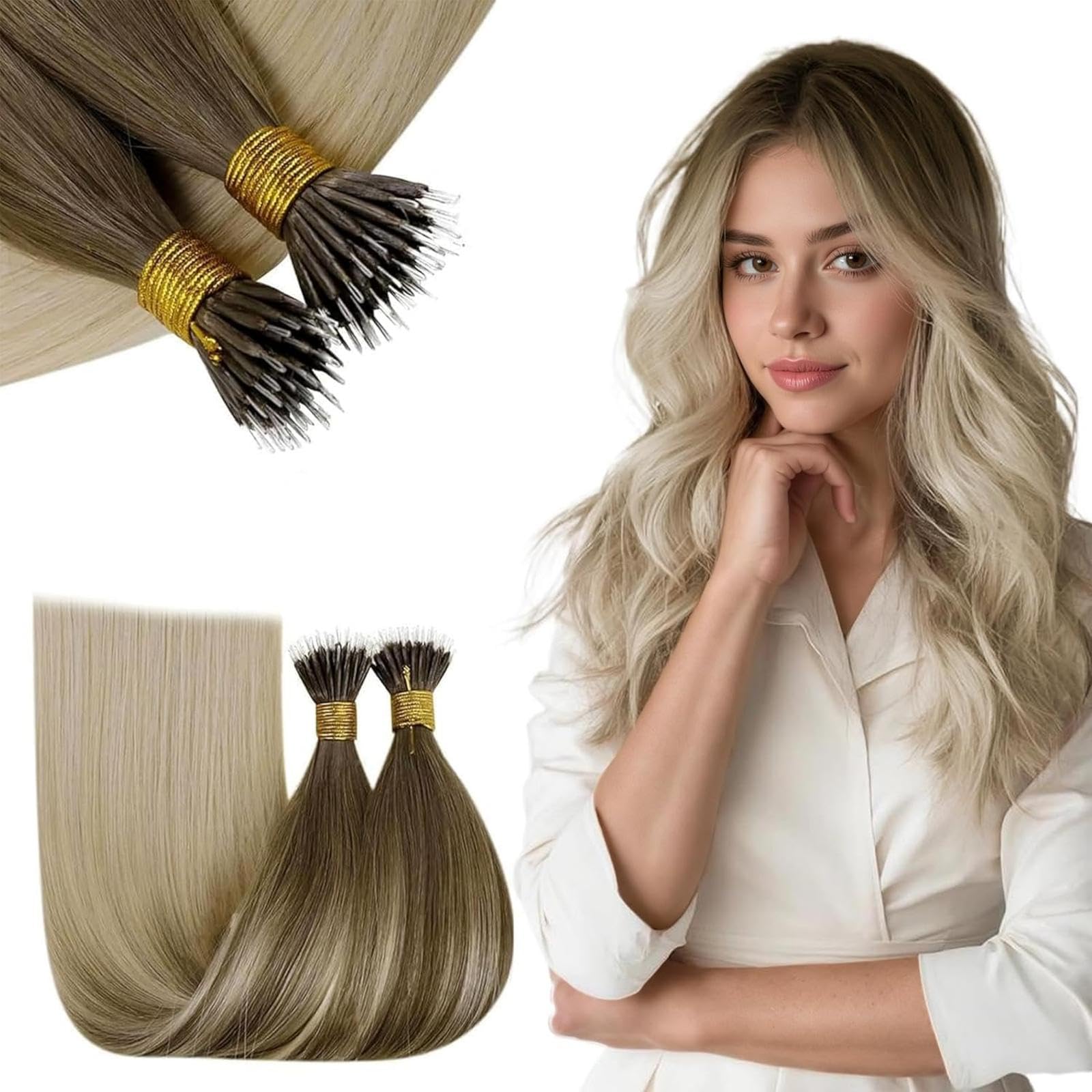 RUNATURE 18 Inch Nano Hair Extensions Real Human Hair Black Balayage Brown Nano Beads Hair Extensions Real Human Hair Ombre Blonde Invisible Straight Remy Nano Rings Hair 50g 50s #1b/4/27 — view 56