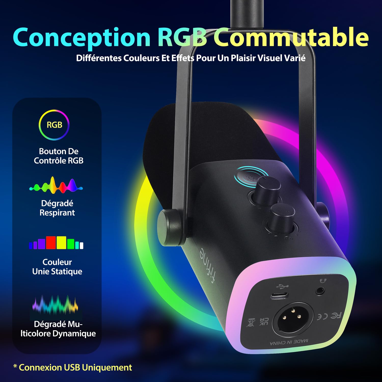 FIFINE USB/XLR Streaming Micro Gaming pour PC PS4 PS5, RGB Cardioïde Dynamique Microphone avec Support, pour Mixer Cartes Son, pour Gaming, Podcasting, Broadcasting, Enregistrement Vocal