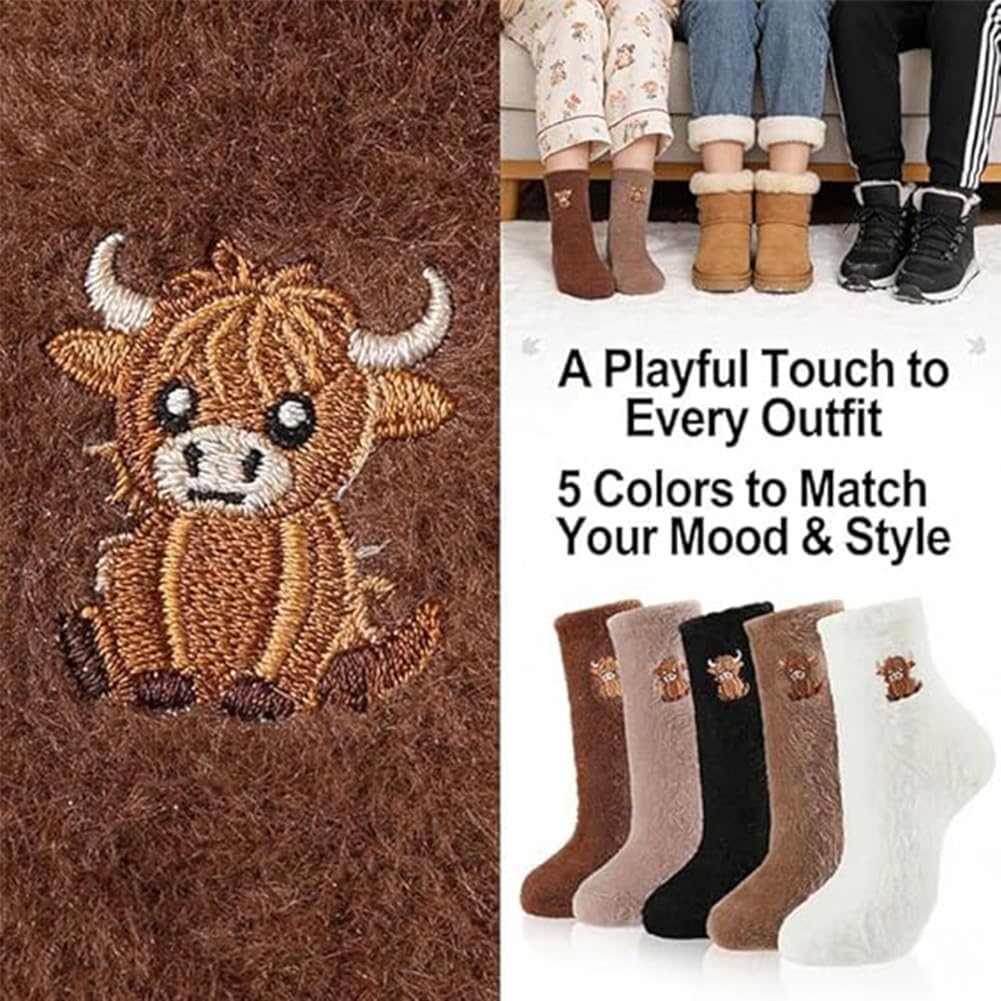 Fuzzy Highland Cow Socks, 5 par uroczych haftowanych skarpet Highland Cow Crew Sock, puszyste zimowe ciepłe, skarpety do spania dla kobiet