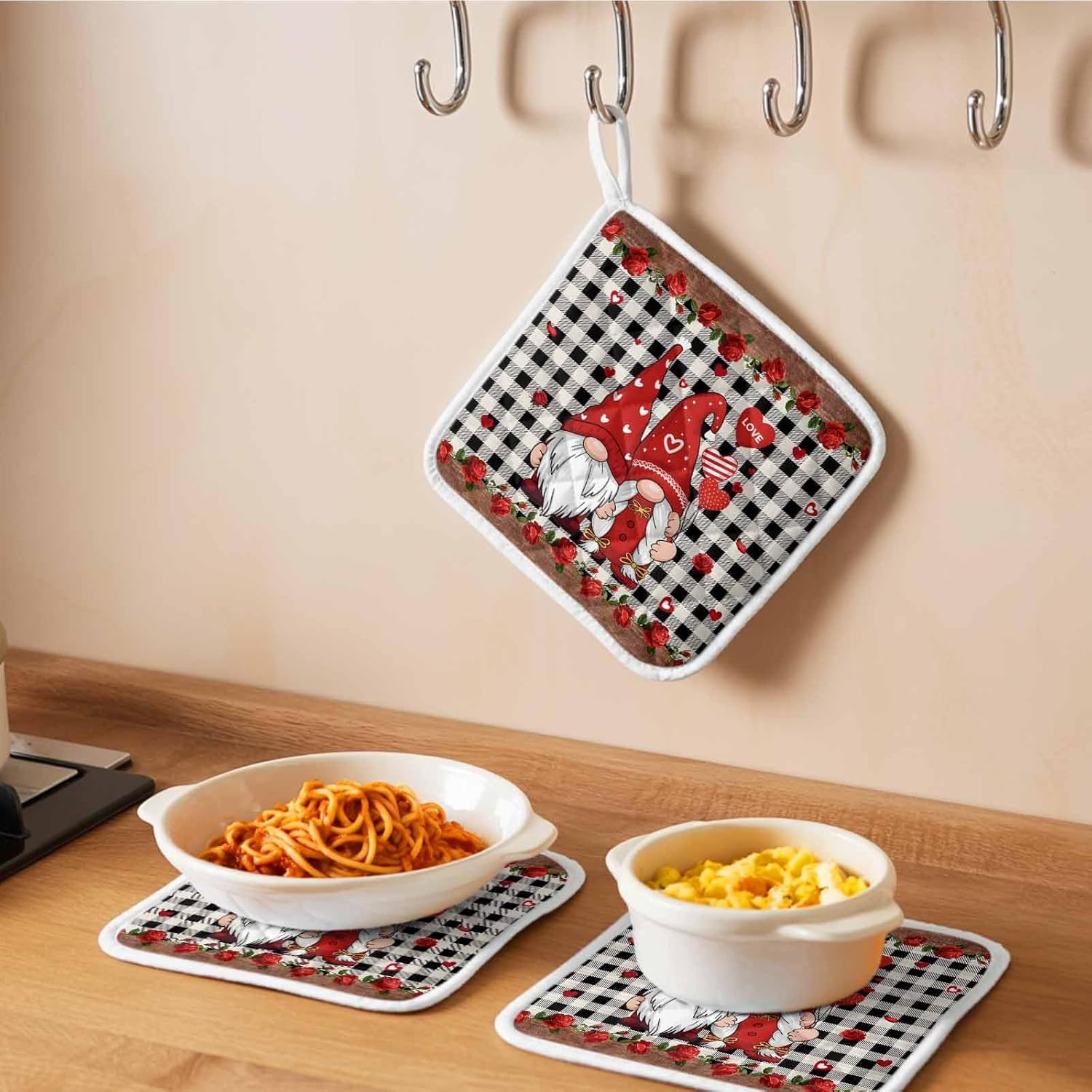 5 Pack Pot Holders for Kitchen, Valentine's Day Hot Pads for Kitchen Countertops Oven Pot Holder Bulk, Retro Gnomes Love Rose Wooden Plaid Heat Insulation Potholders with Hanging Loops