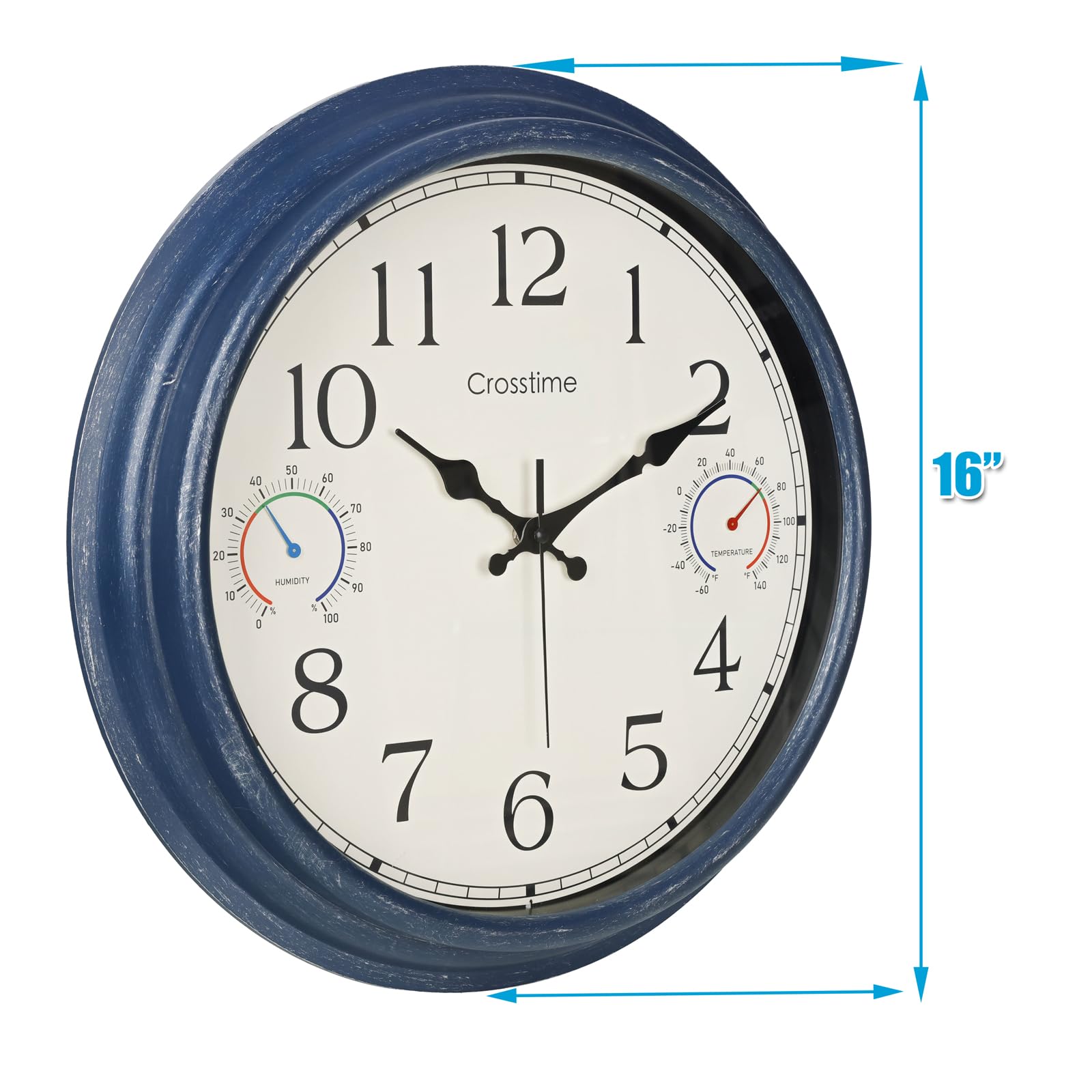 Crosstime 16 Zoll Outdoor Uhr Wasserdicht mit Thermometer & Hygrometer, Küste Nautische Dekoration für Terrasse, Pool, Garten, Hinterhof - Blau