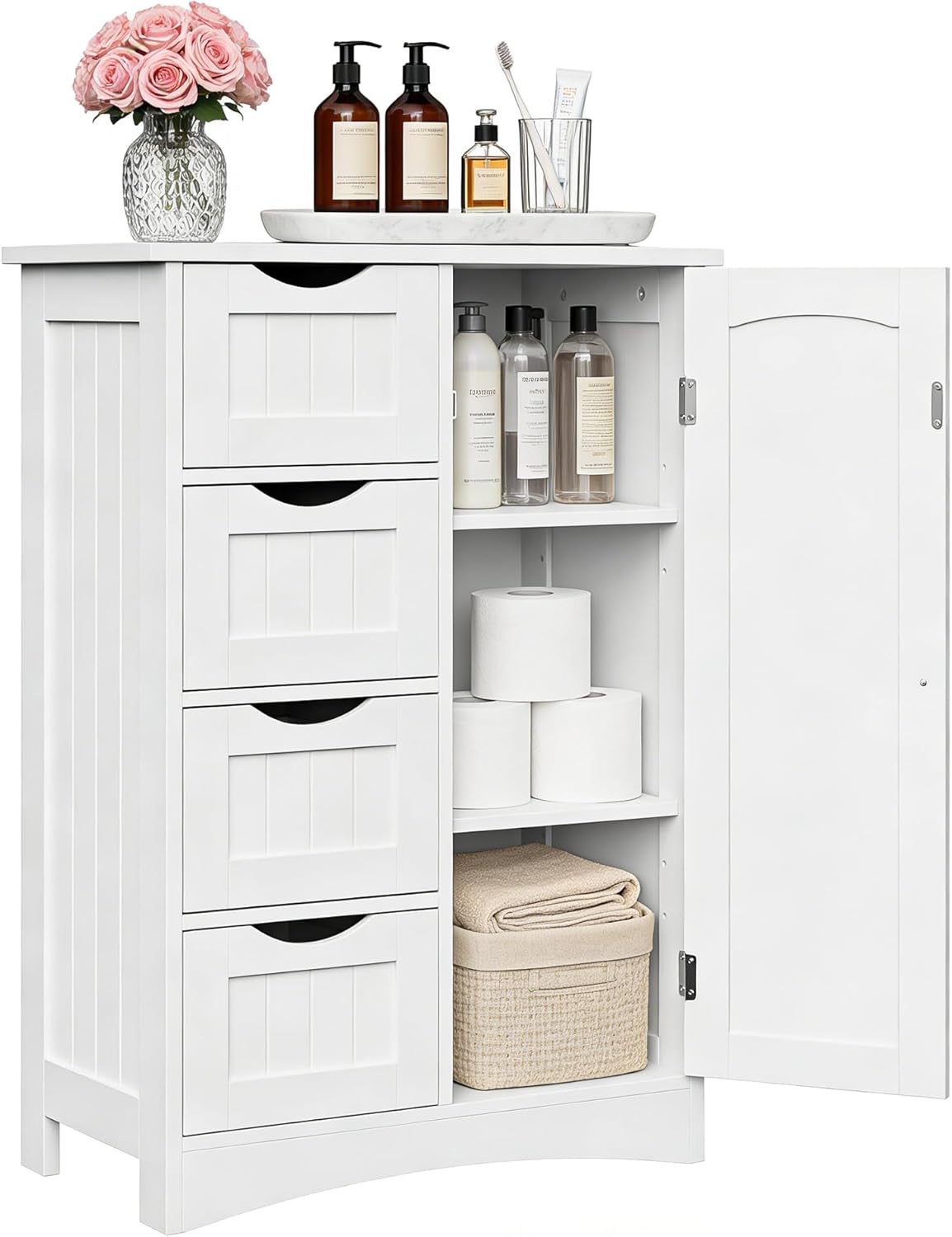 ZENY Bathroom Floor Storage Cabinet, Side Storage Organizer with 4 Drawers and 1 Cupboard, Adjustable Shelf Freestanding Entryway Storage Unit for Living Room/Bathroom (White)