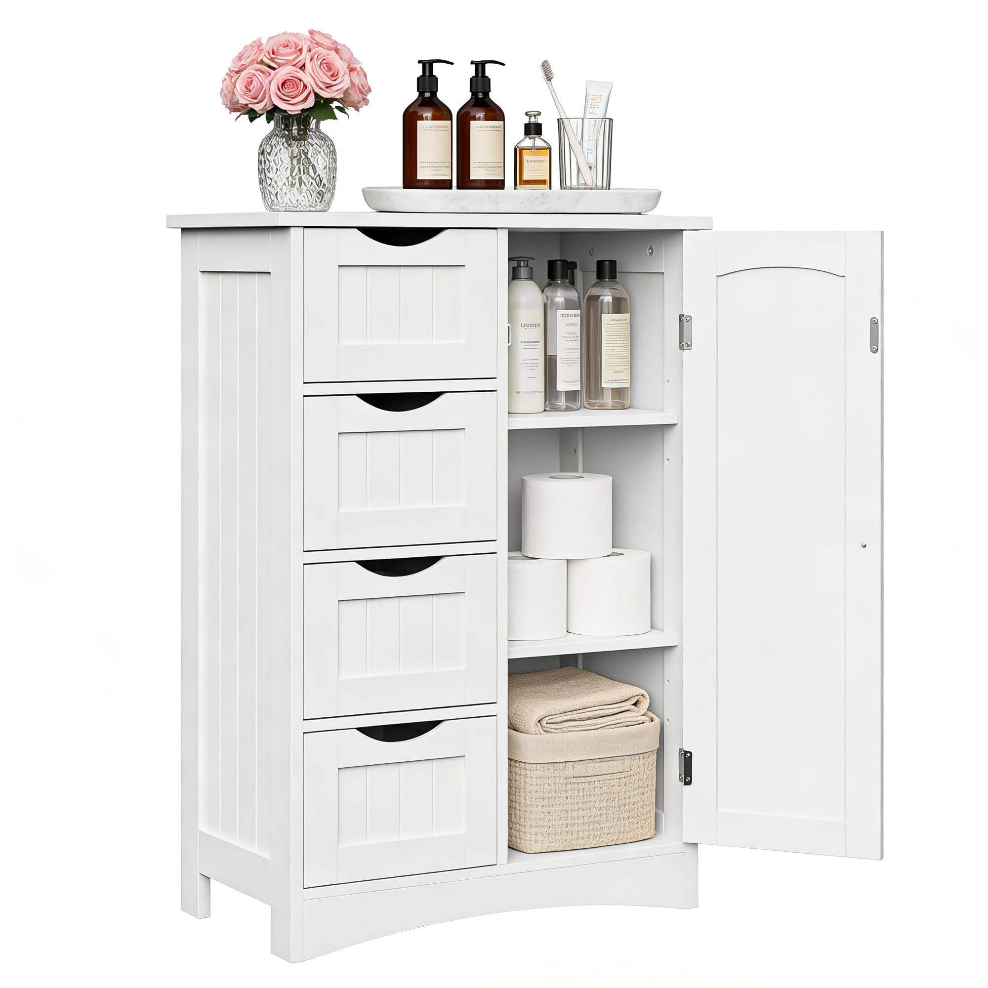 ZENY Bathroom Floor Storage Cabinet, Side Storage Organizer with 4 Drawers and 1 Cupboard, Adjustable Shelf Freestanding Entryway Storage Unit for