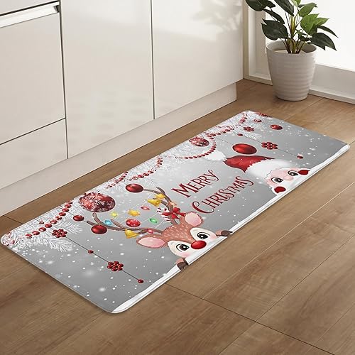 Miniatura 7 de Juego de 2 tapetes de cocina antideslizantes para puerta de Navidad, bola roja, Papá Noel, alce, pino, aguja, gris, parte trasera de goma, tapete