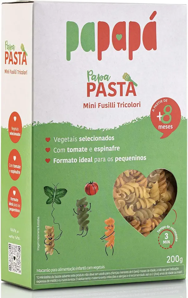 Papapá, Macarrão Infantil, Papa Pasta, Mini Fuzilli Tricolori, Vegetais, 200g, Verde
