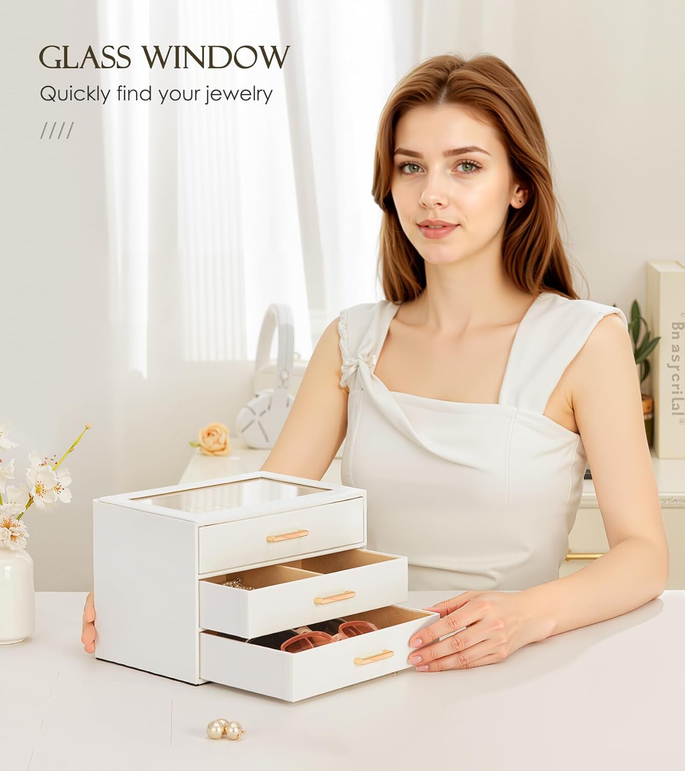 Homde Jewelry Box with Compartments for Women: Big Storage Organizer for Room - Necklace, Earring, Ring Holder for Dresser (White + Pink)