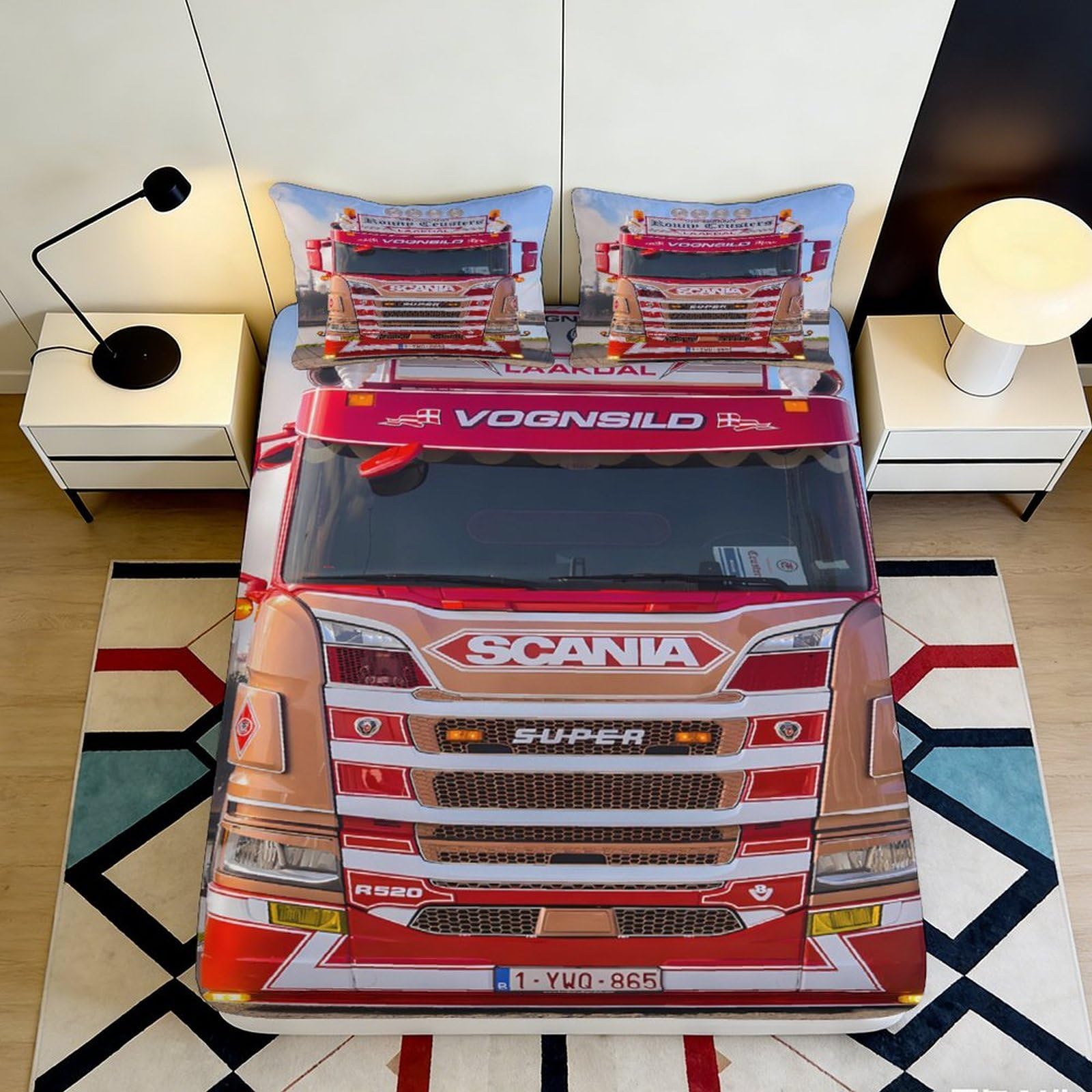 3D Printed Red Truck Fitted Sheet Microfiber Durable Soft Bed Sheet with 3D Truck Print Mattress Cover for Bedroom Dormitory Guest Room Protection 160x200x25cm