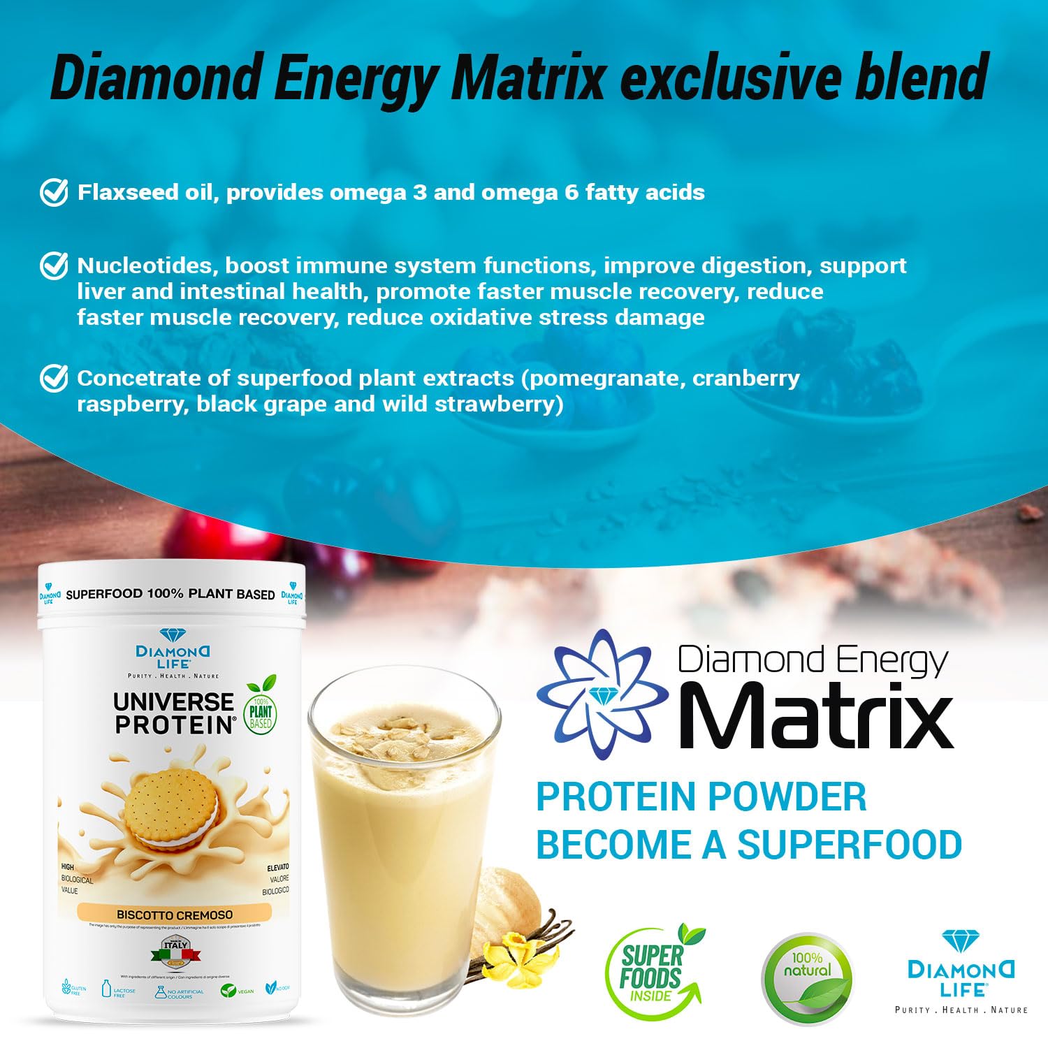 DIAMOND UNIVERSE PROTEIN - Proteine in Polvere Vegane (Pisello, Riso e Quinoa) 70% di Proteine ad Alto Assorbimento per Sforzo Fisico, Resistenza e Mass Gainer | Gluten Free (Biscotto Cremoso)