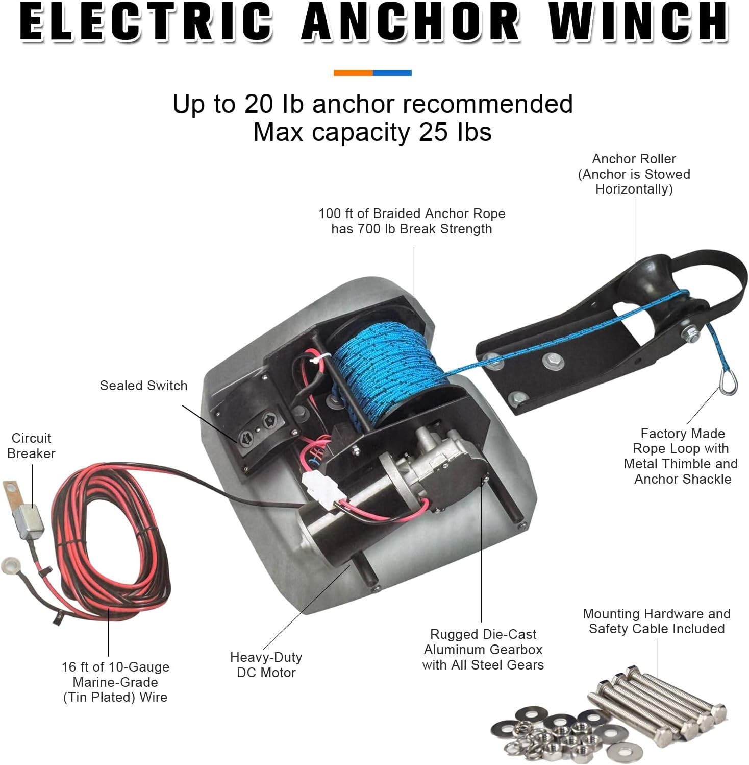 Electric Anchor Winch, 25 LBS Marine Windlass, 12V with Remote Control, 100ft Rope, Easy to Operate, Black