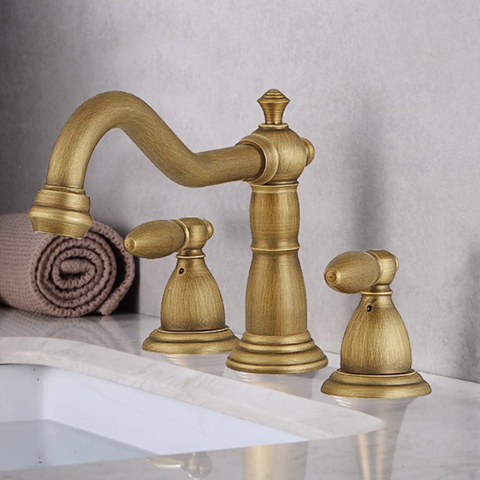 BiaoTeng Rubinetto Vintage Bagno Lavabo e Bidet Miscelatore a Tre Fori con Due Manopole, Caldo e Freddo Rubinetto Lavandino Bagno Antico Ottone