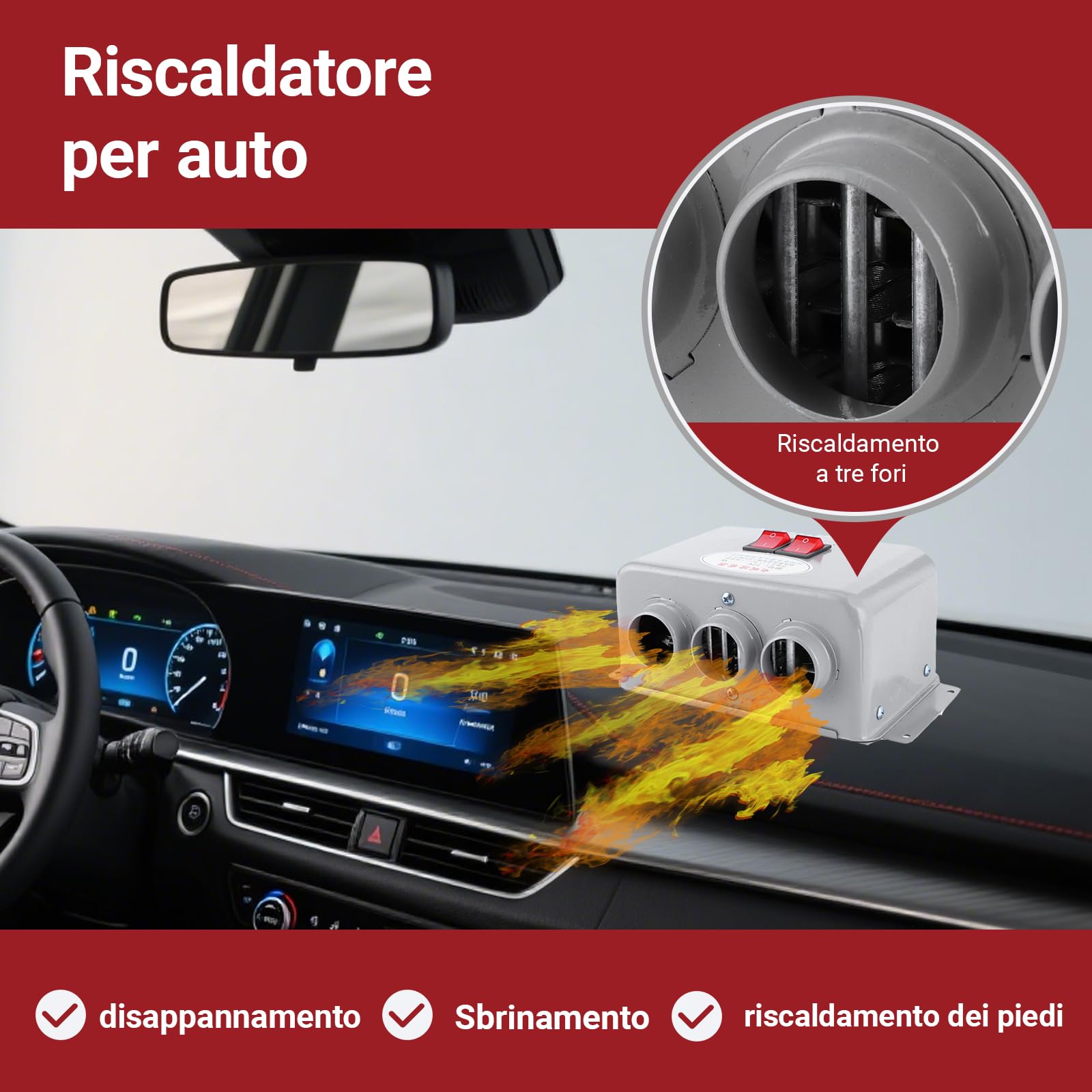 Riscaldatore per auto, riscaldatore per auto compatto da 600 W‑800 W 12 V, riscaldatore per riscaldamento rapido invernale a 3 fori antiappannamento per rimuovere il gelo